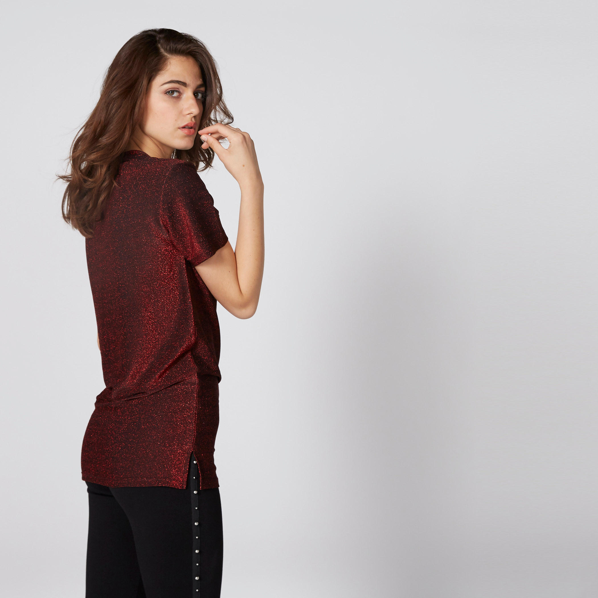 Textured Round Neck Top with Short Sleeves and Side Slit-women-clothing-shirtsandblouses-blouses-image-2