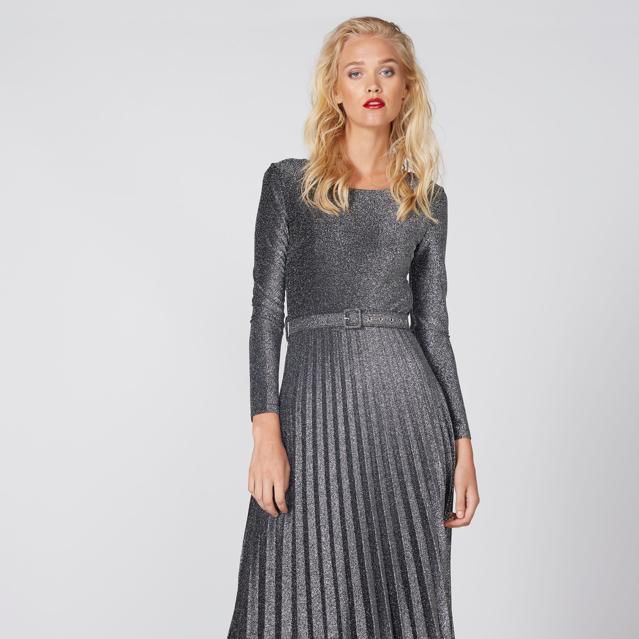Textured Midi Dress with Long Sleeves and Pleated Detail-women-clothing-dresses-image-4
