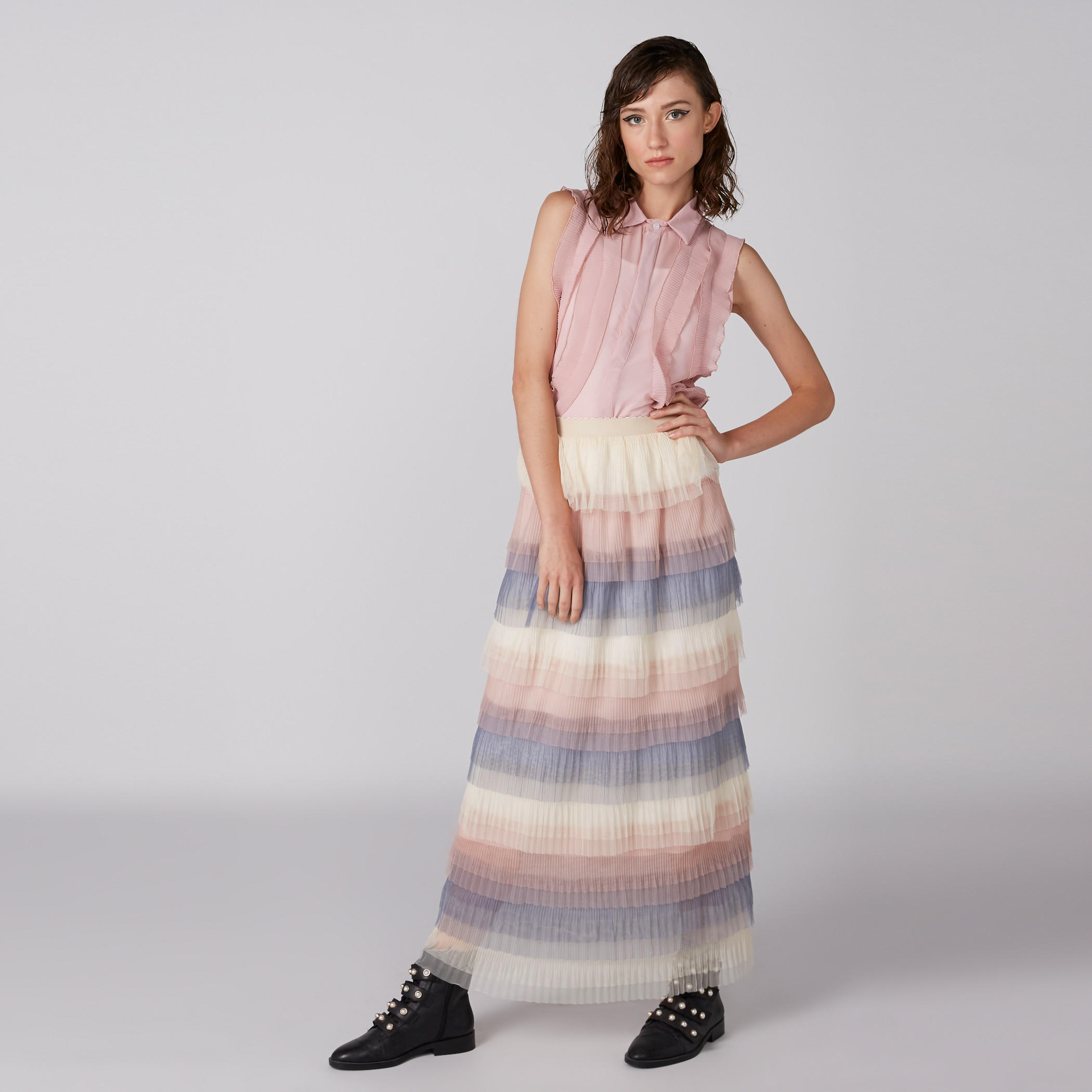 تنّورة طويلة بتفاصيل شبكيّة وخصر مطّاطي من تو إكستريمز-women-clothing-bottoms-skirts-image-1
