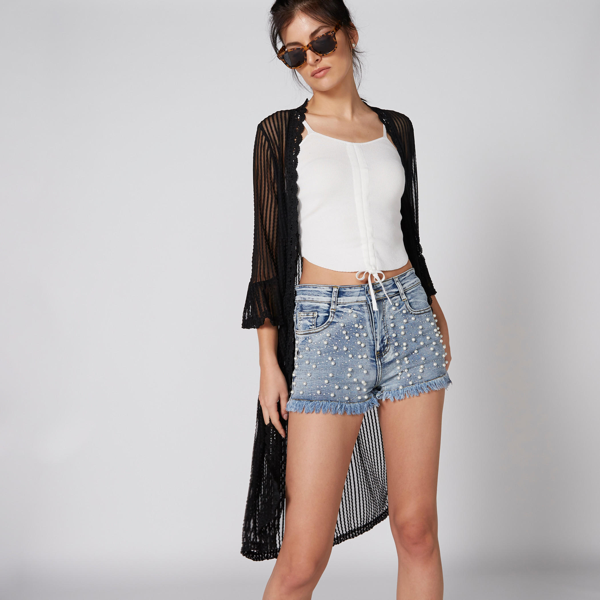 سترة طويلة مفتوحة من الأمام بأكمام 3/4 وتفاصيل شبكية ودانتيل-women-winterwear-cardigansandjumpers-cardigans-image-2