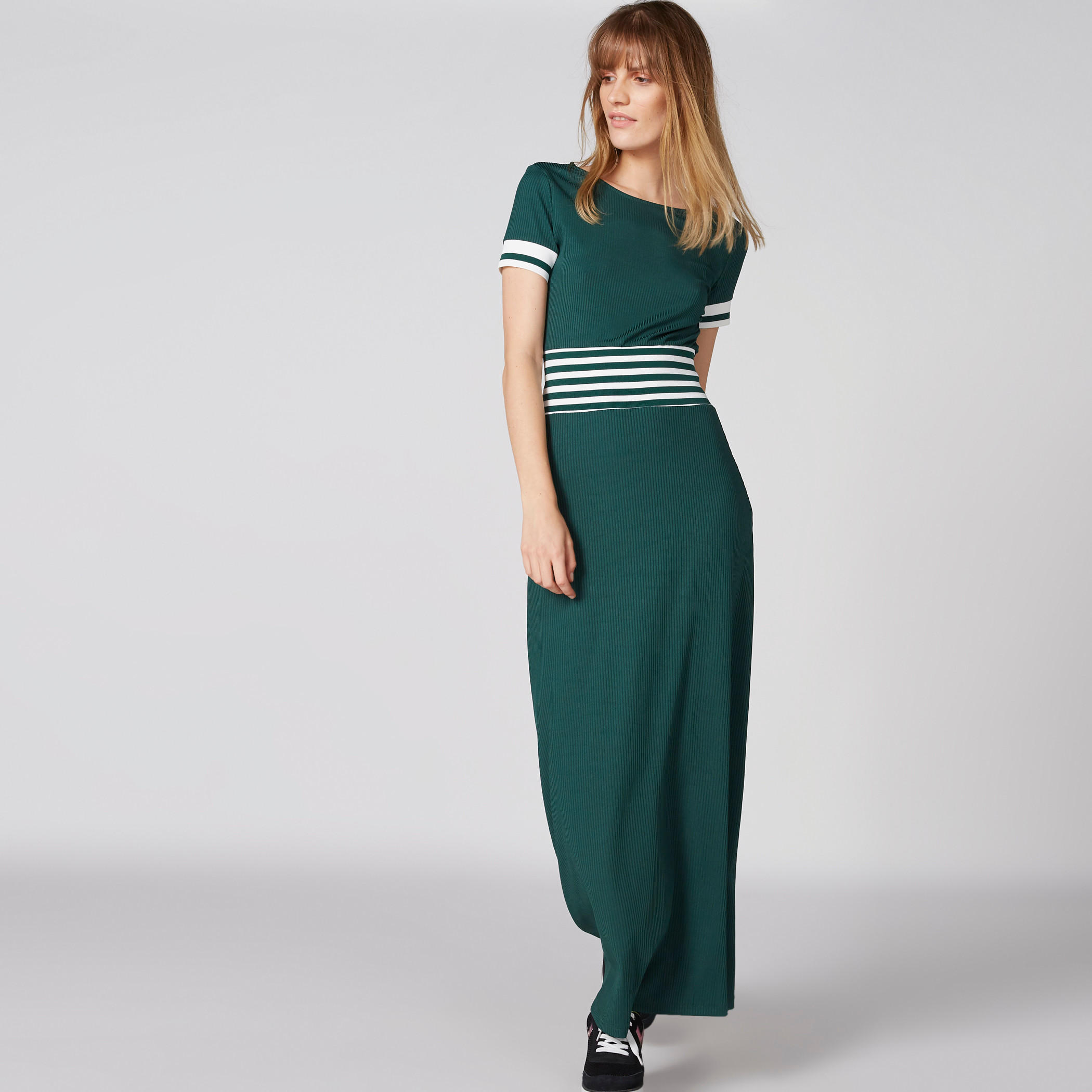 فستان مضلع طويل بياقة مستديرة وأكمام قصيرة-women-clothing-dresses-image-1