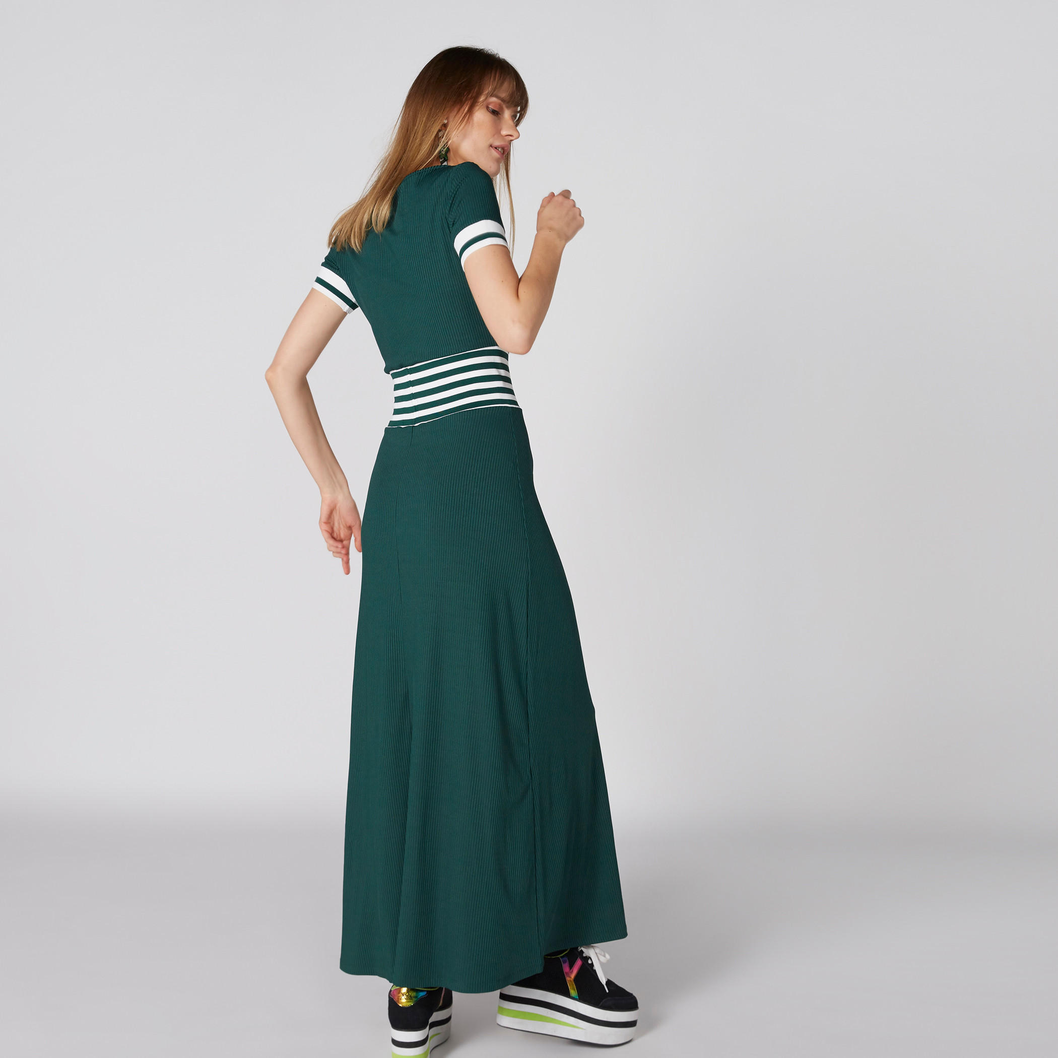 فستان مضلع طويل بياقة مستديرة وأكمام قصيرة-women-clothing-dresses-image-2