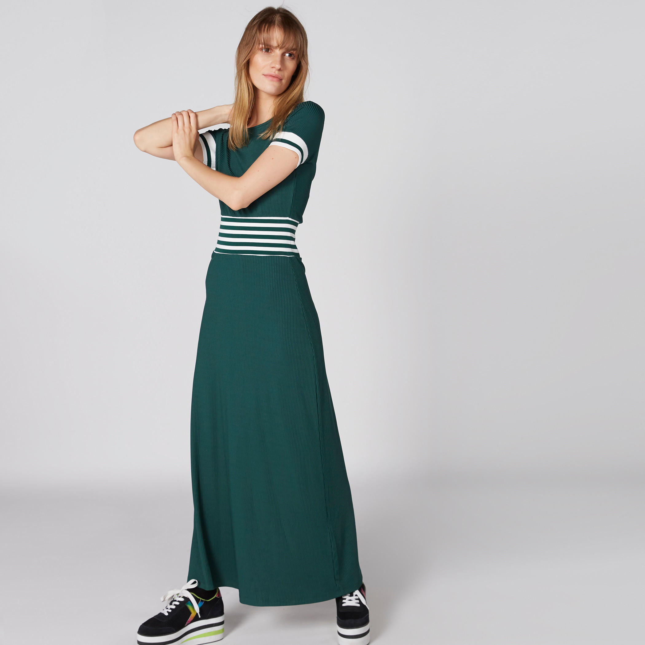 فستان مضلع طويل بياقة مستديرة وأكمام قصيرة-women-clothing-dresses-image-3