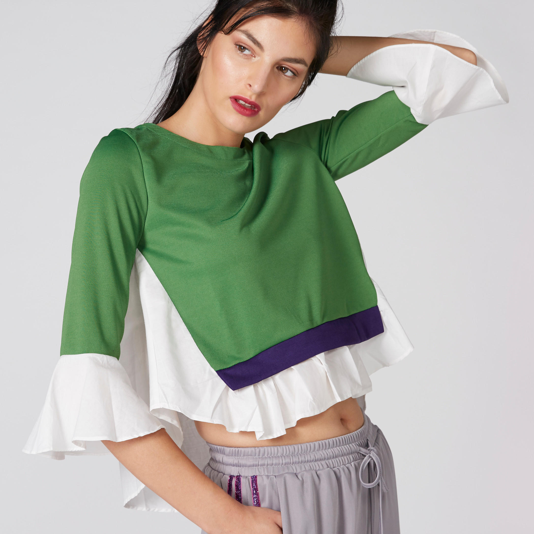 Round Neck Top with 3/4 Sleeves and Frill Detail-women-clothing-shirtsandblouses-blouses-image-1
