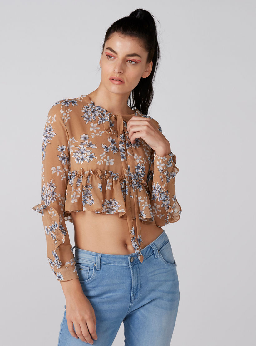 بلوزة قصيرة بأكمام طويلة وتفاصيل كشكش وطبعات-women-clothing-shirtsandblouses-blouses-image-1
