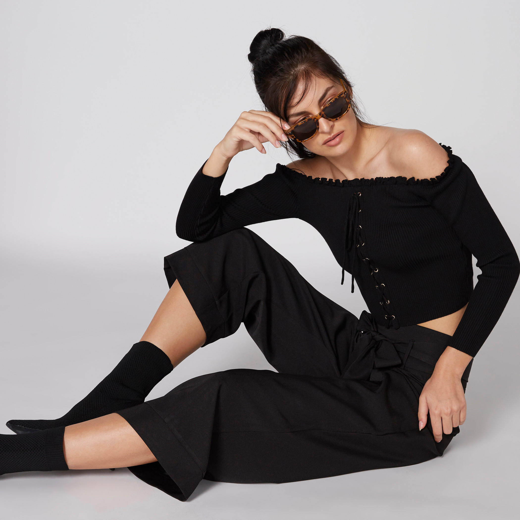Off Shoulder Crop Top with Long Sleeves and Eyelet Detail-women-clothing-shirtsandblouses-blouses-image-1