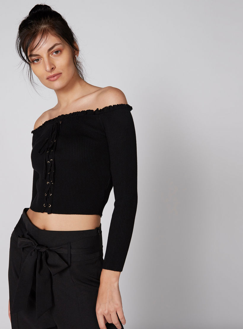 Off Shoulder Crop Top with Long Sleeves and Eyelet Detail-women-clothing-shirtsandblouses-blouses-image-5