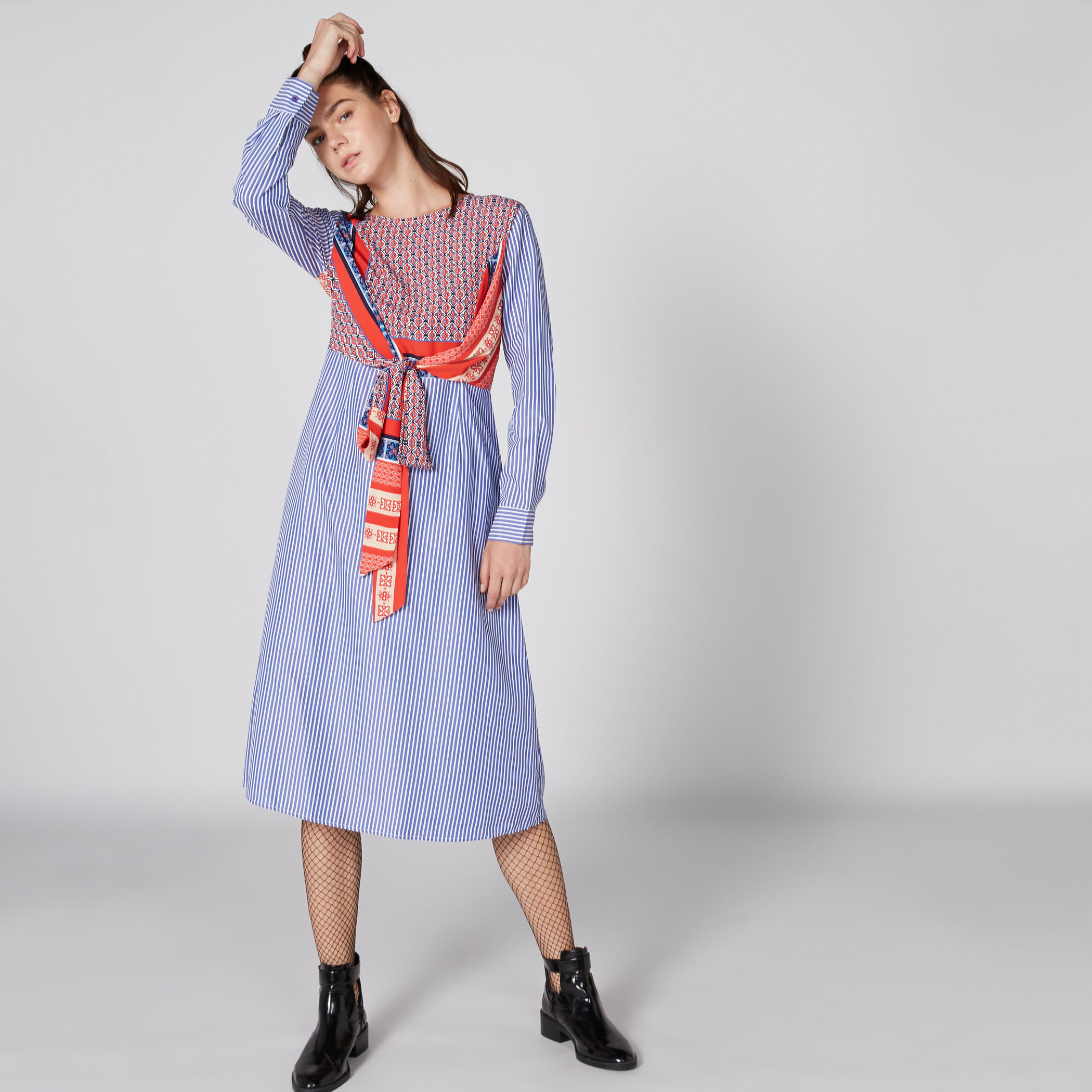 فستان مقلم متوسط الطول بأكمام طويلة وأربطة-women-clothing-dresses-image-1