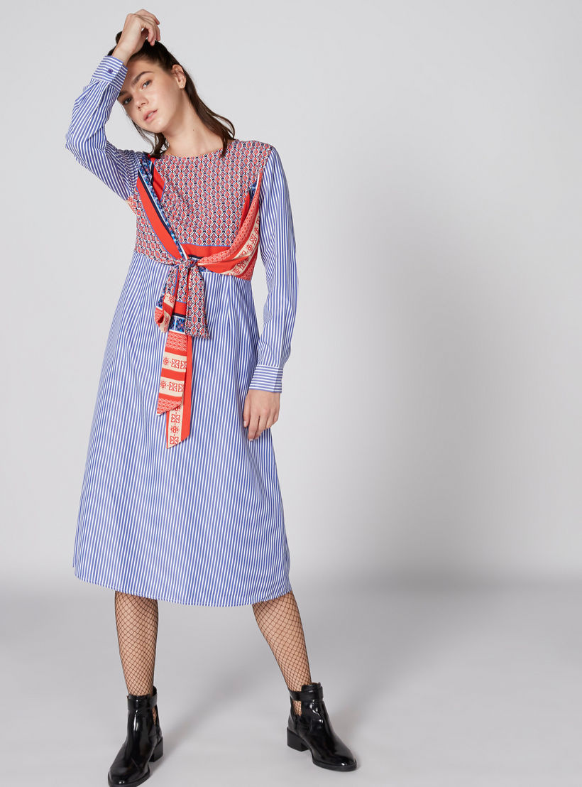 فستان مقلم متوسط الطول بأكمام طويلة وأربطة-women-clothing-dresses-image-1