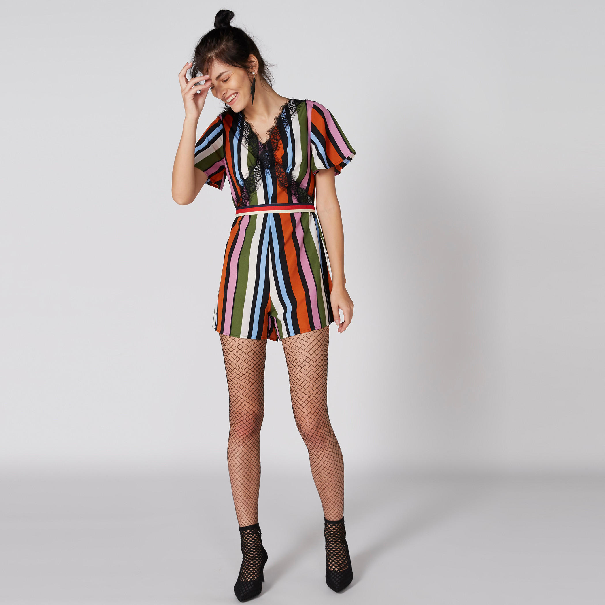 Striped Playsuit with Short Sleeves and Lace Detail-women-clothing-jumpsuits-image-1