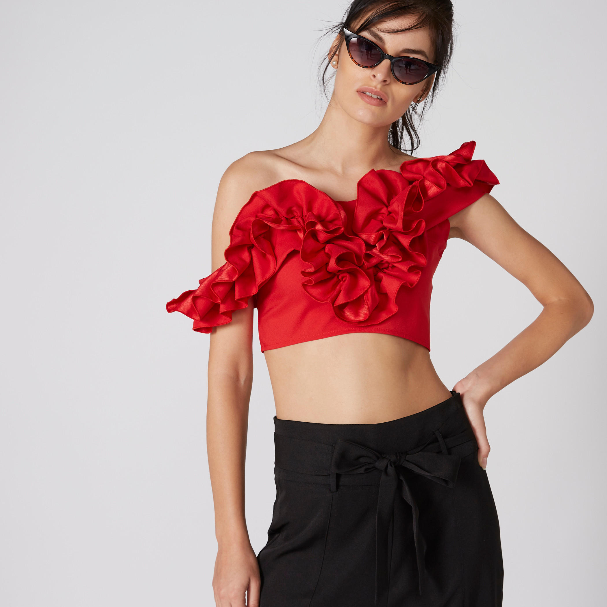 Ruffle Detail Crop Top with V-Neck and Zip Closure-women-clothing-shirtsandblouses-blouses-image-1