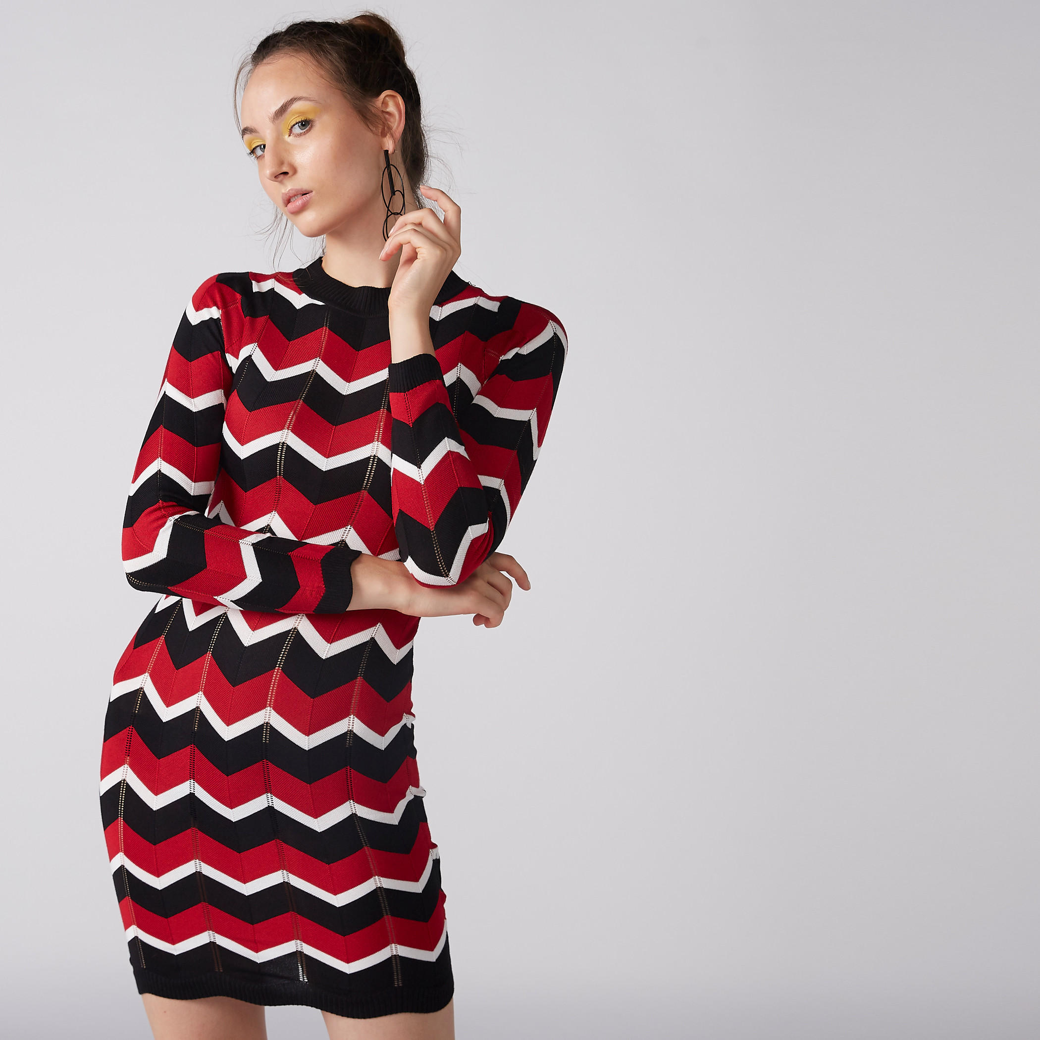 Printed Mini Bodycon Dress with High Neck and Long Sleeves-women-clothing-dresses-image-1