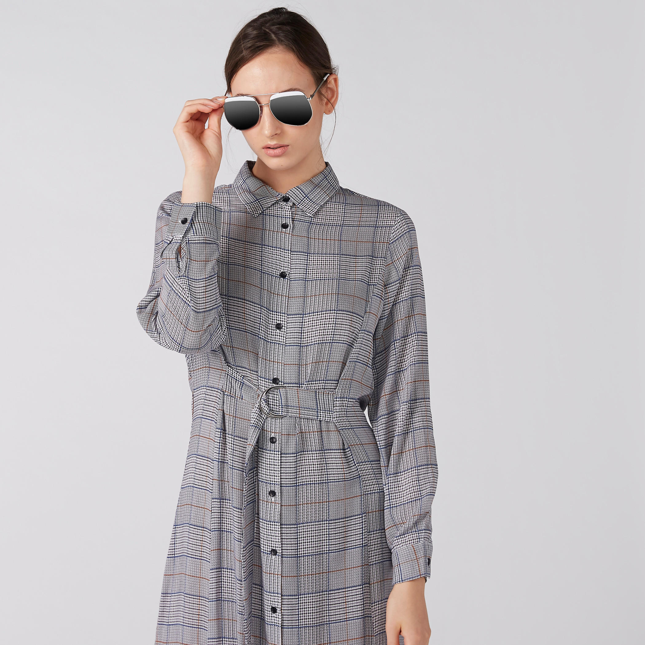 فستان قميص كاروهات بأكمام طويلة ووصلة أزرار كاملة-women-clothing-dresses-image-2