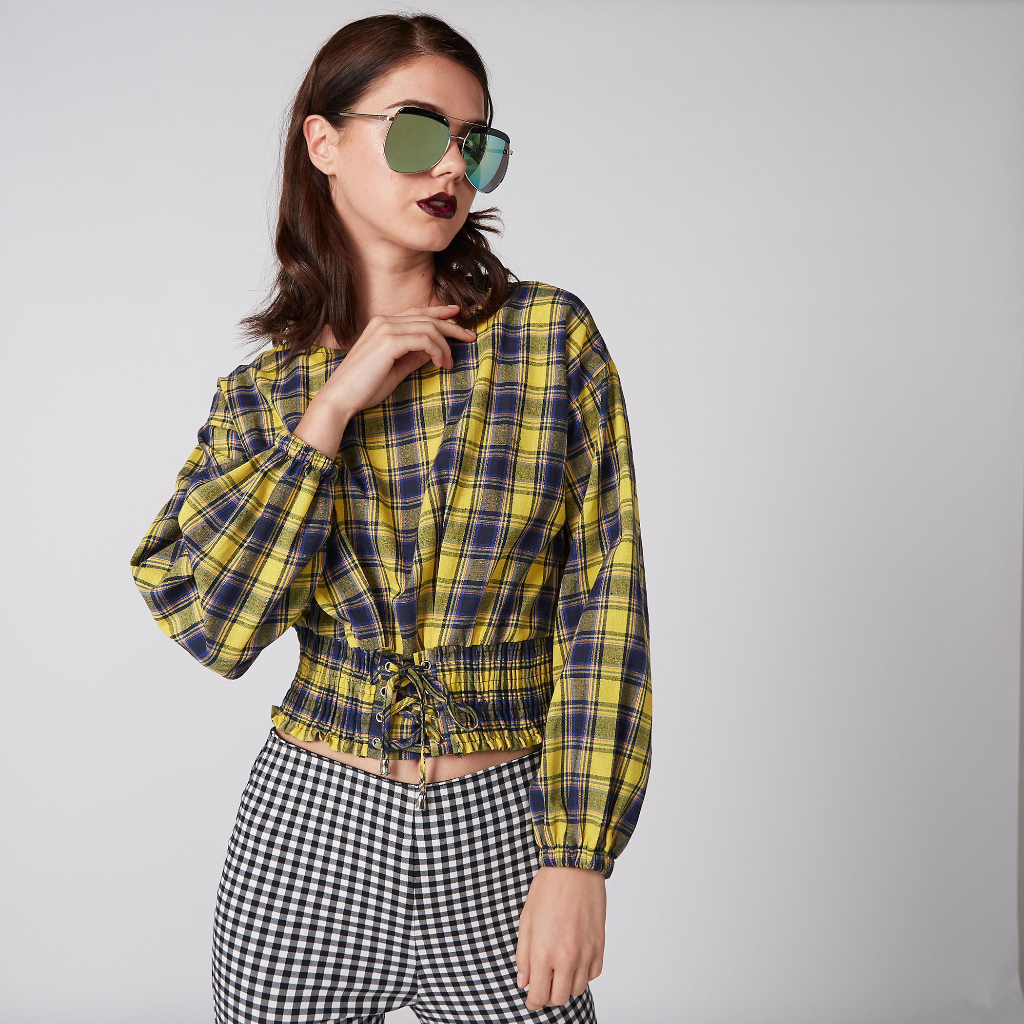 Chequered Crop Top with Long Sleeves and Smocking Detail-women-clothing-shirtsandblouses-blouses-image-1