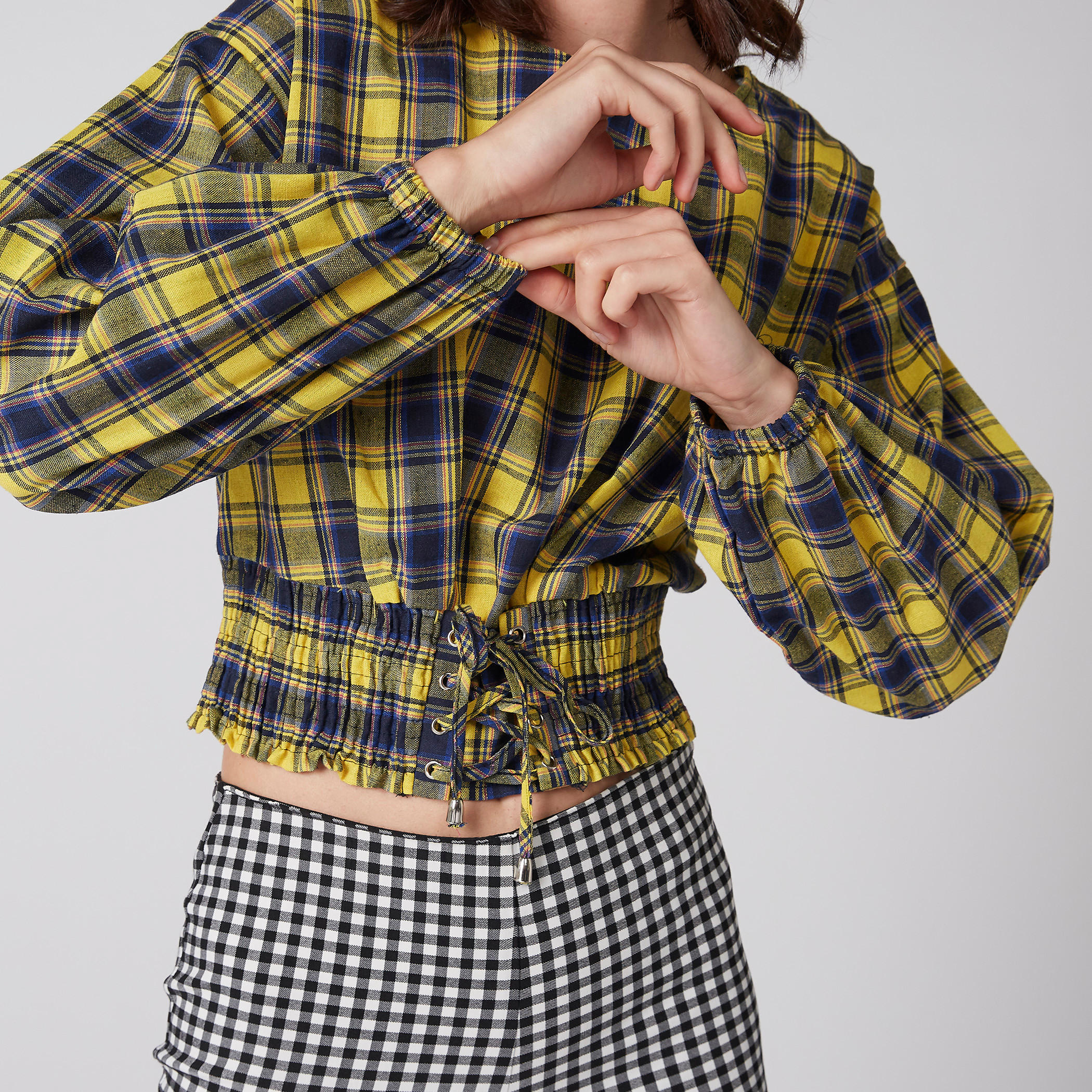 Chequered Crop Top with Long Sleeves and Smocking Detail-women-clothing-shirtsandblouses-blouses-image-3
