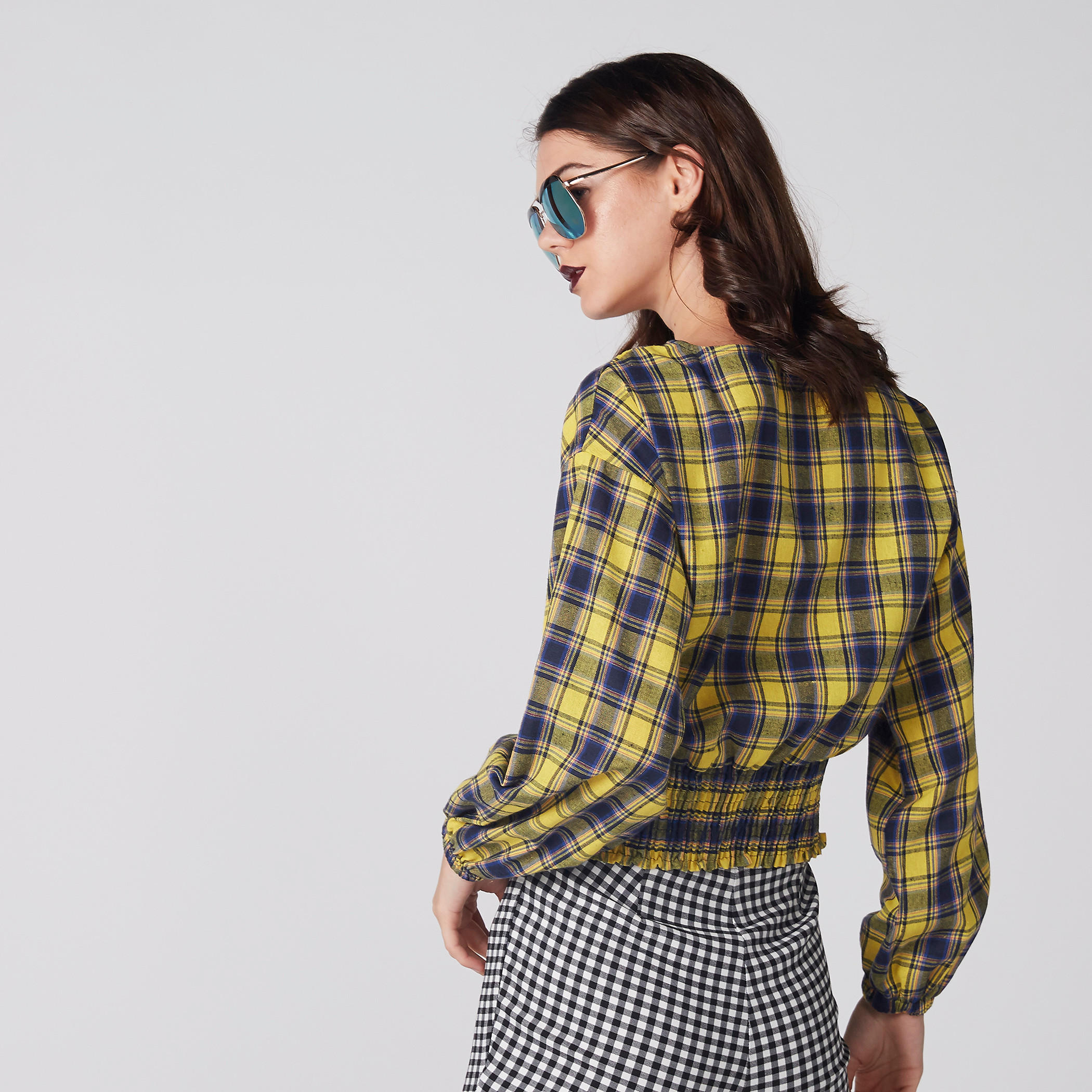 Chequered Crop Top with Long Sleeves and Smocking Detail-women-clothing-shirtsandblouses-blouses-image-4