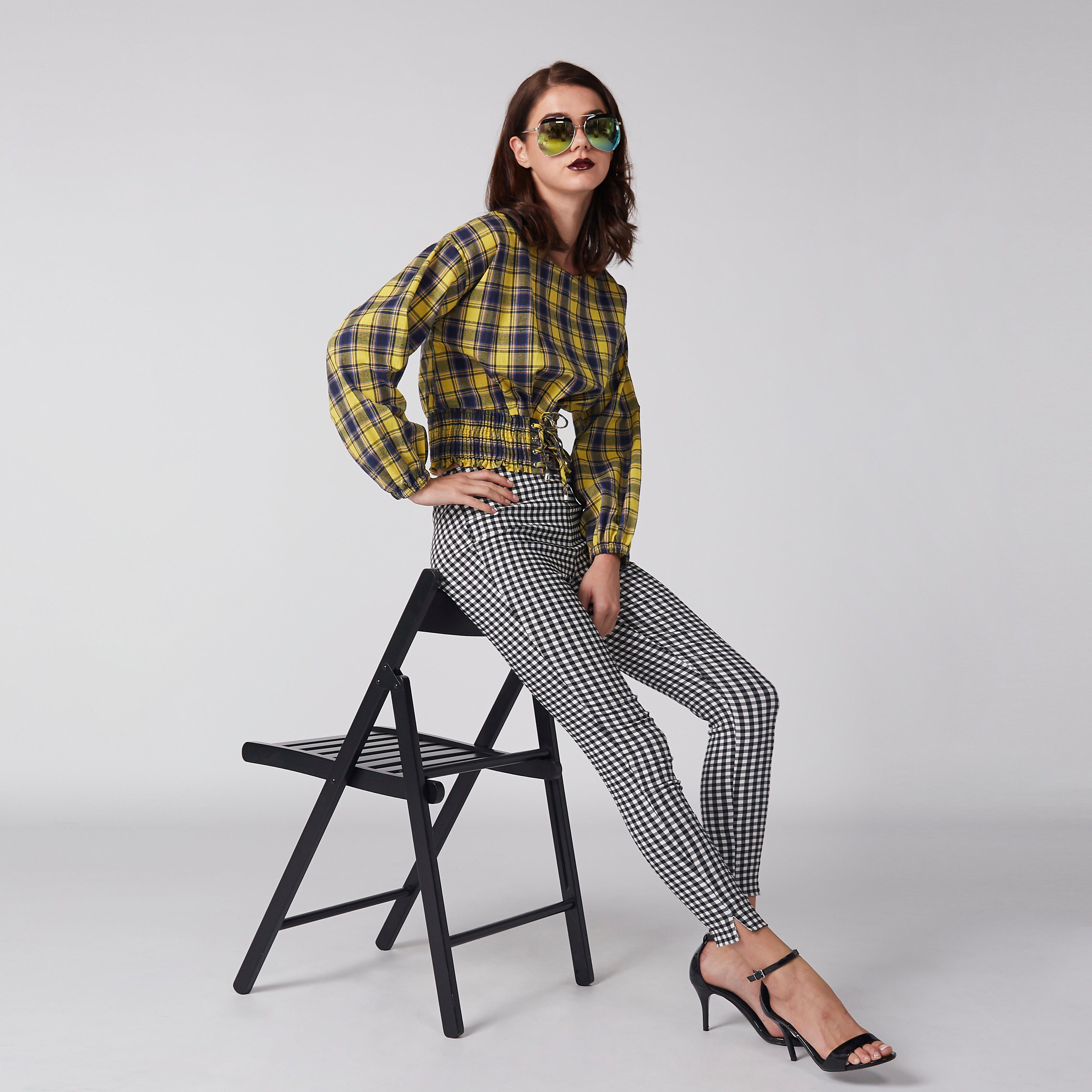 Chequered Crop Top with Long Sleeves and Smocking Detail-women-clothing-shirtsandblouses-blouses-image-5