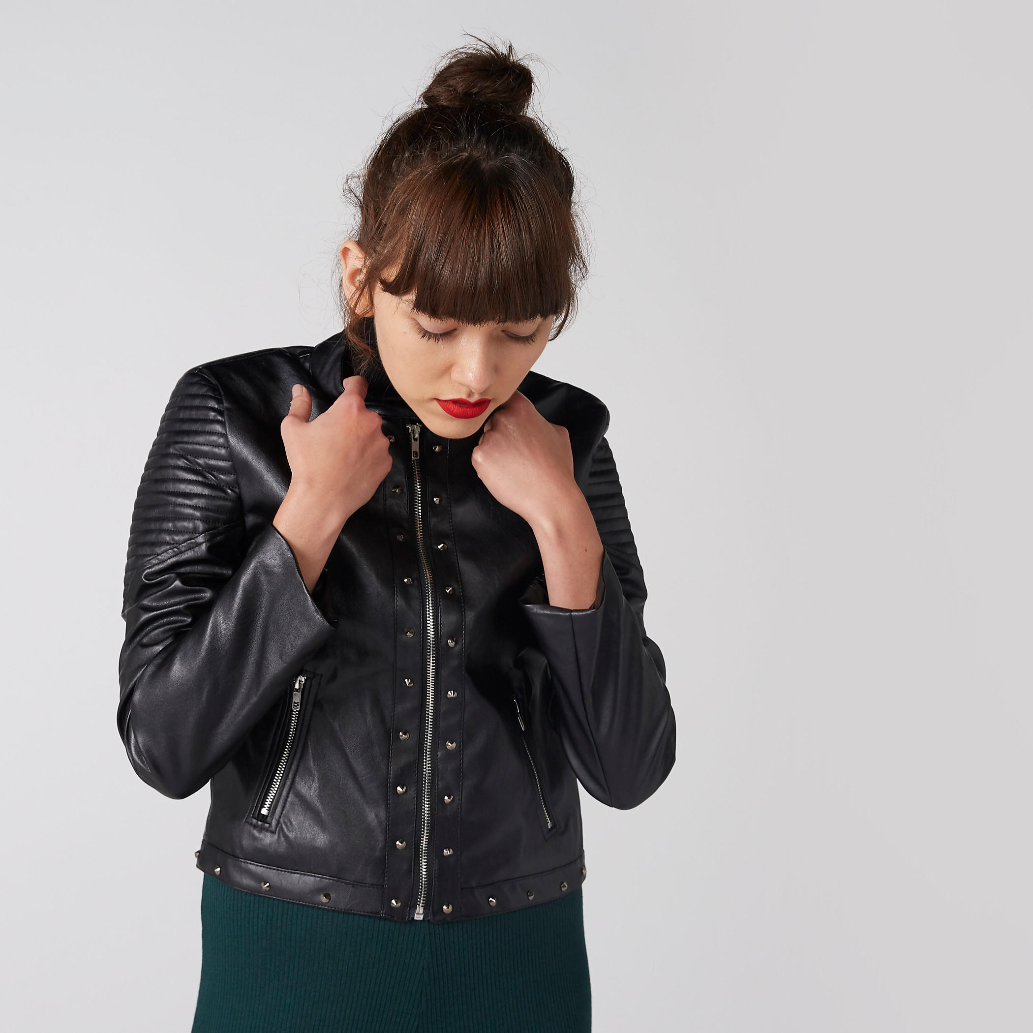 Studded Biker Jacket with Long Sleeves and Zip Closure-women-winterwear-coatsandjackets-jackets-image-3