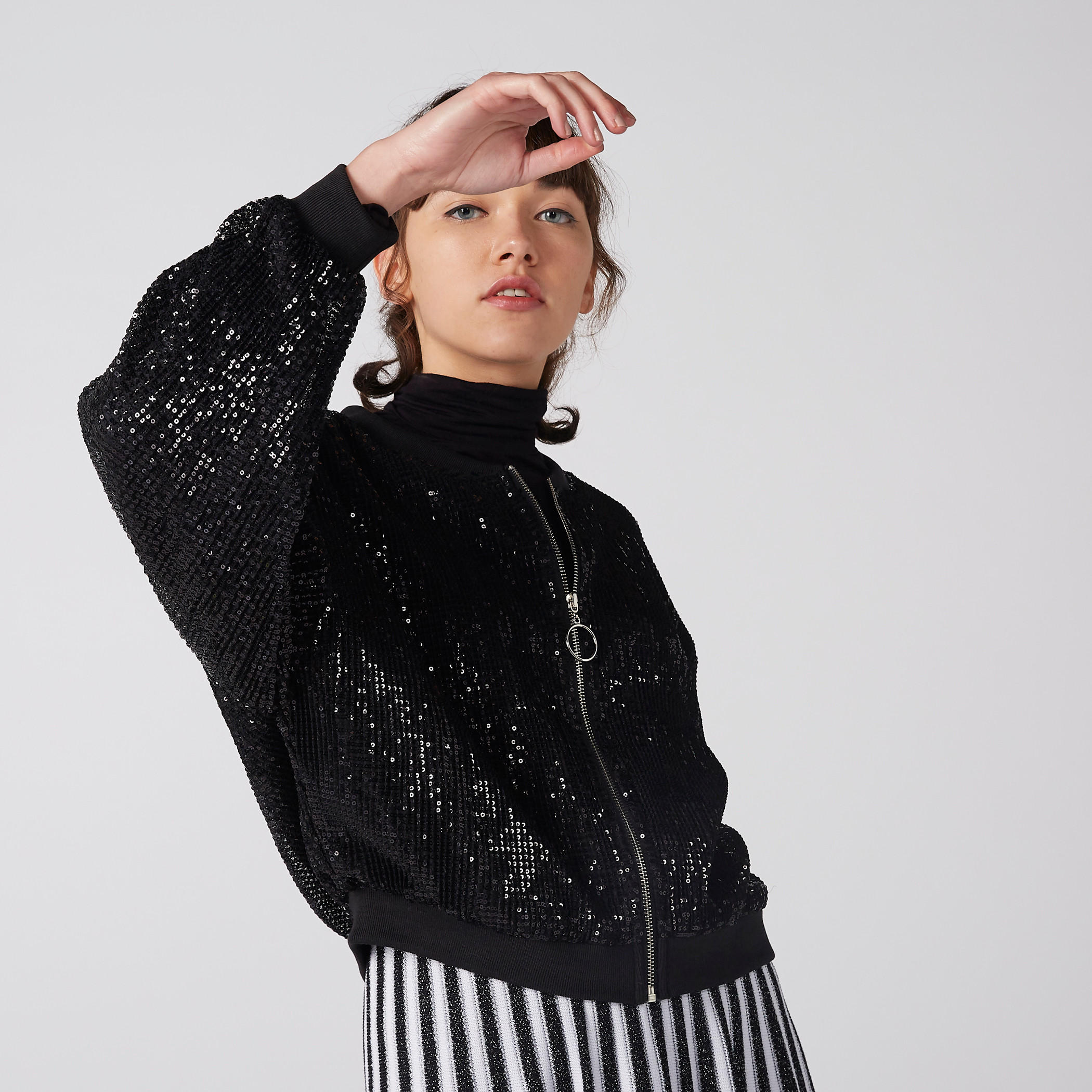 Sequin Detail Jacket with Long Sleeves and Zip Closure-women-winterwear-coatsandjackets-jackets-image-1