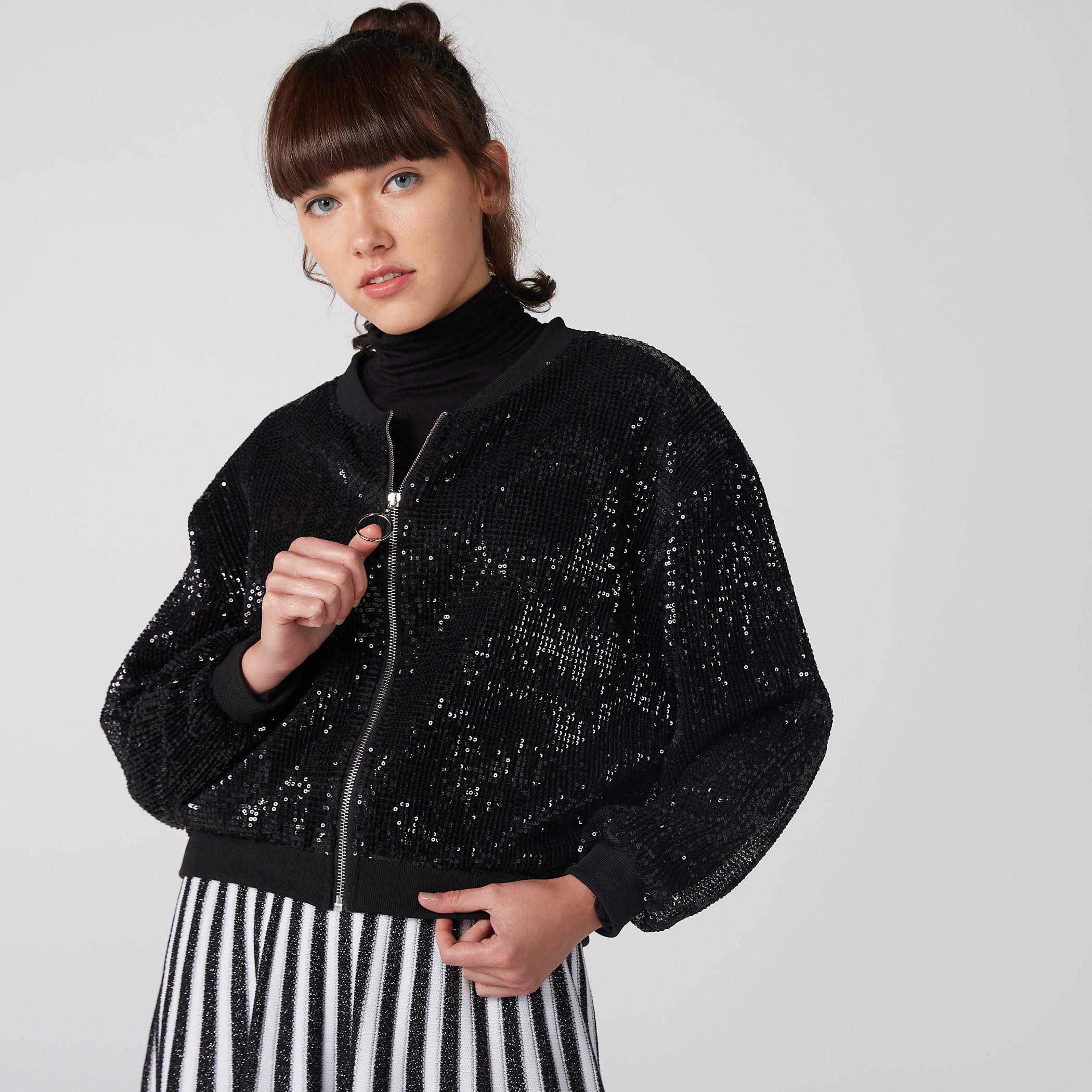 Sequin Detail Jacket with Long Sleeves and Zip Closure-women-winterwear-coatsandjackets-jackets-image-3