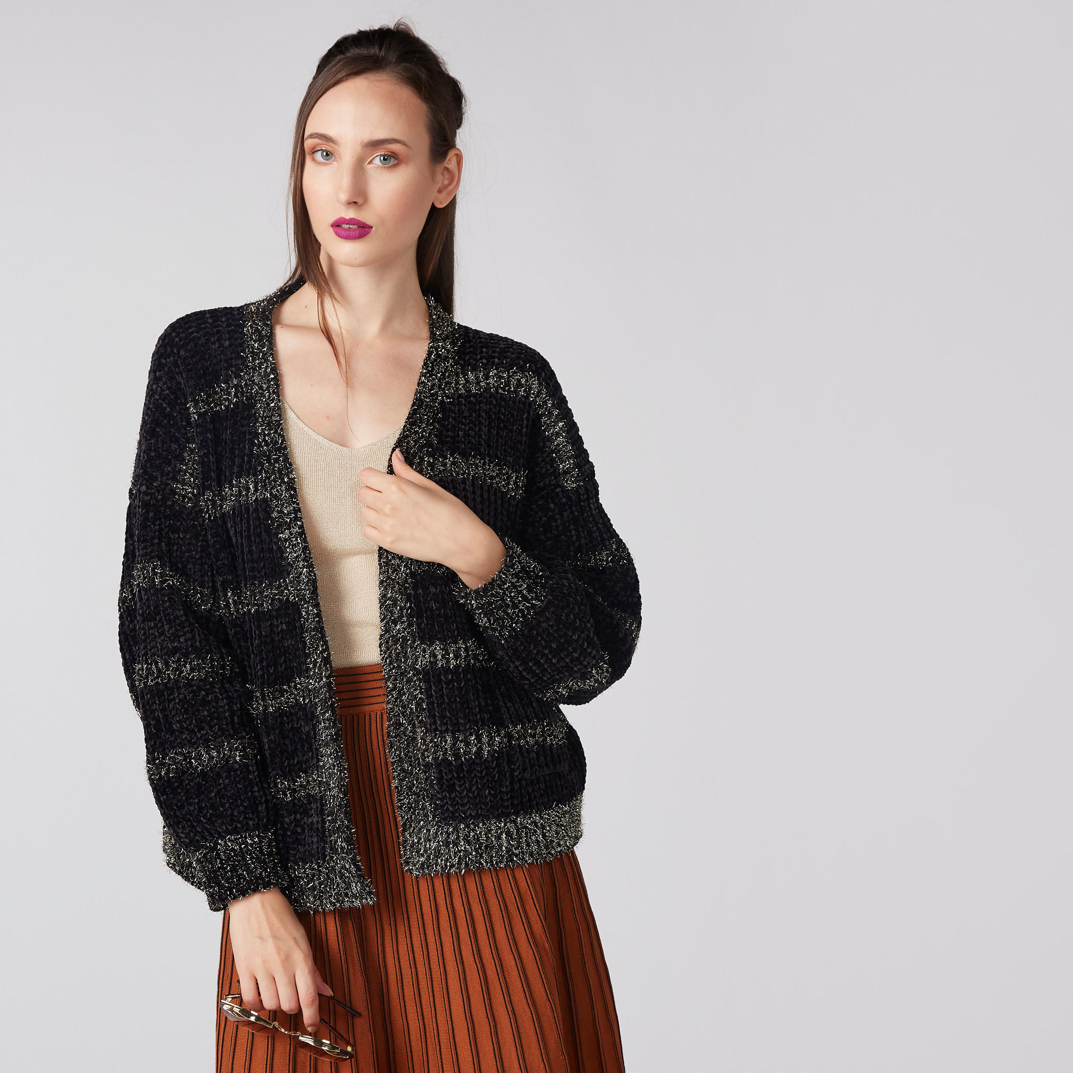 Textured Open Front Cardigan with Long Sleeves-women-winterwear-cardigansandjumpers-cardigans-image-1