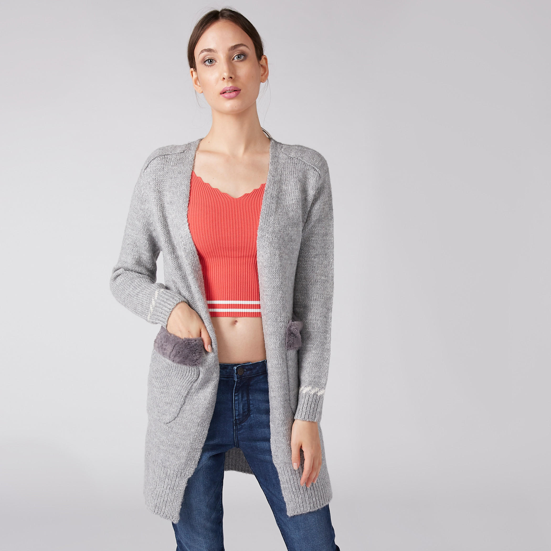 سترة كارديجان مفتوحة من الأمام بارزة الملمس بأكمام طويلة وجيوب قطيفة-women-winterwear-cardigansandjumpers-cardigans-image-1