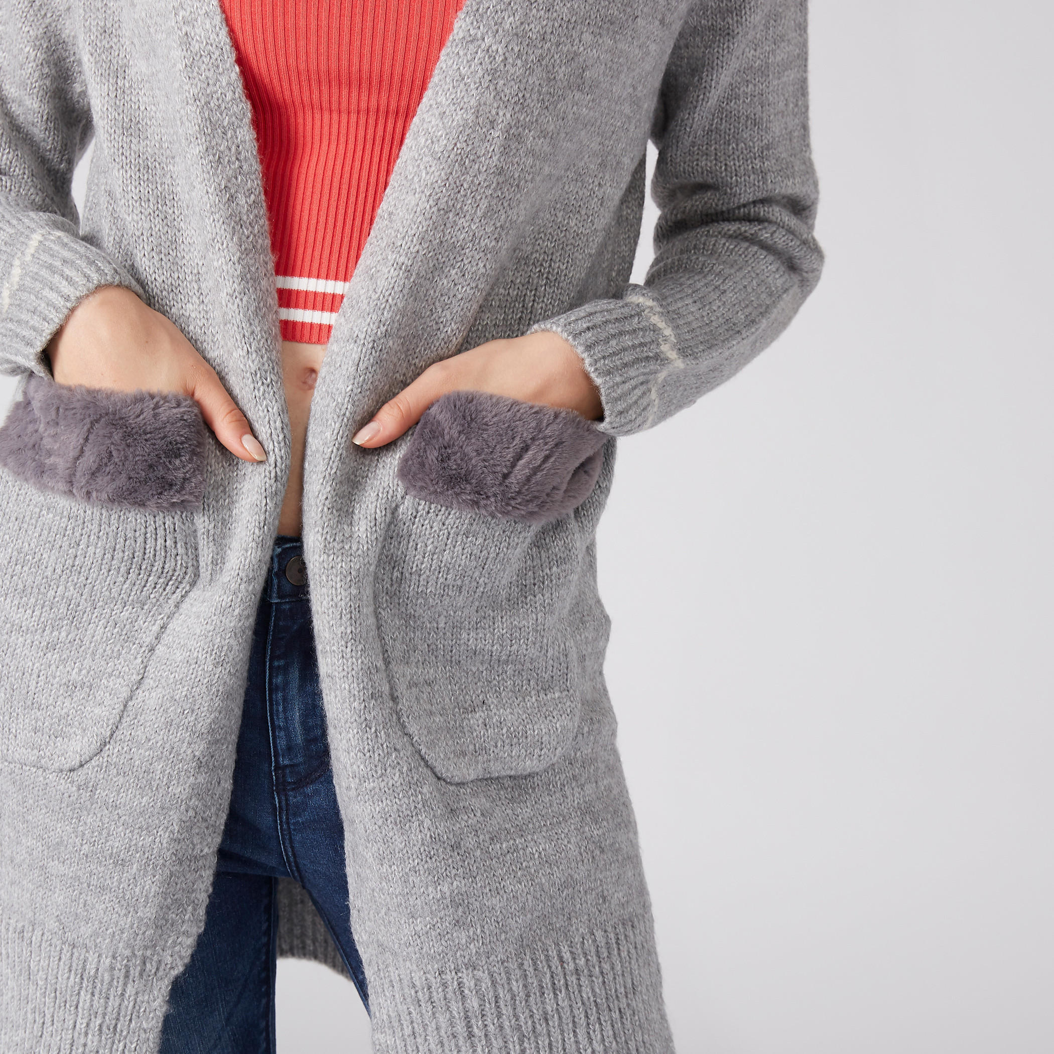 سترة كارديجان مفتوحة من الأمام بارزة الملمس بأكمام طويلة وجيوب قطيفة-women-winterwear-cardigansandjumpers-cardigans-image-2