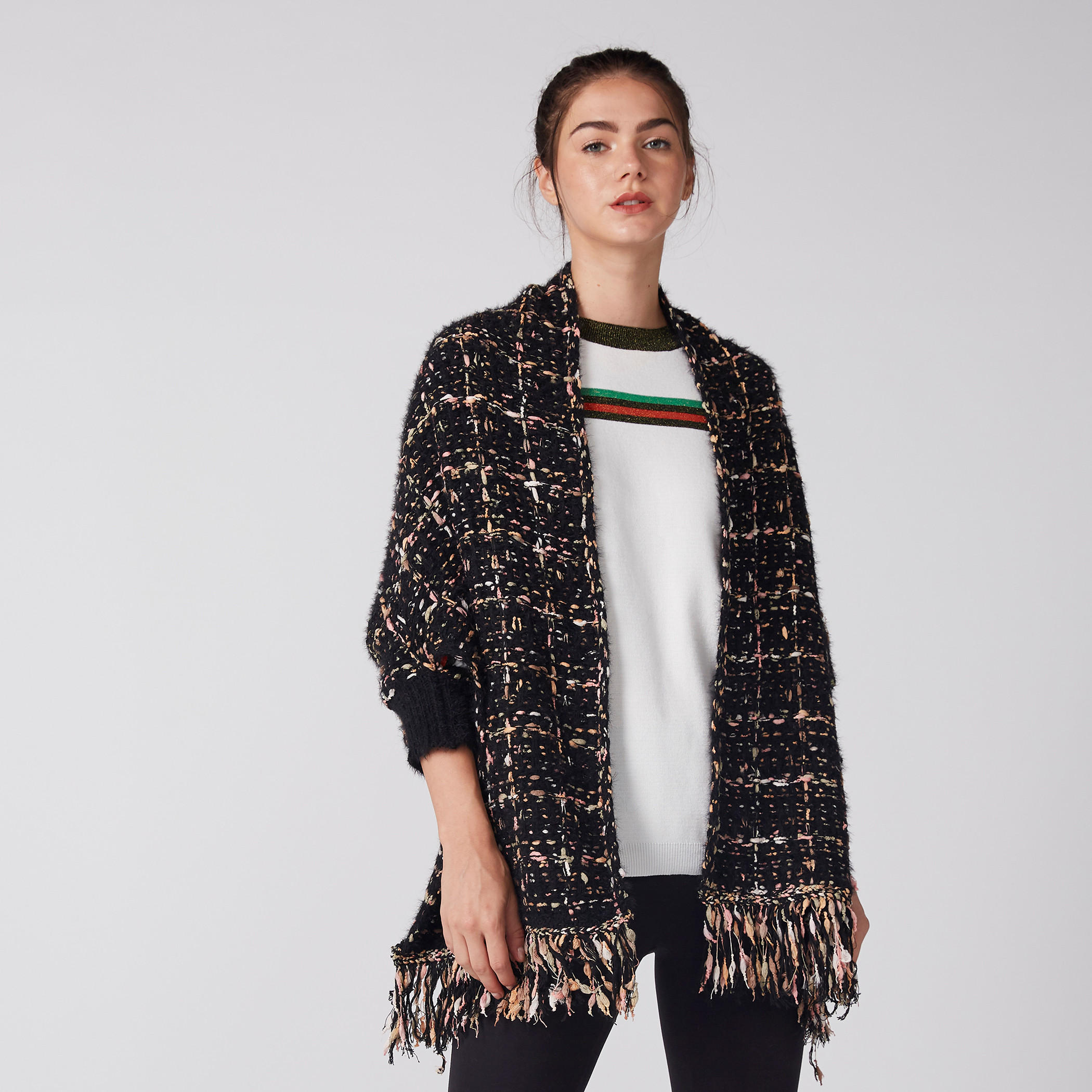 سترة مفتوحة من المقدمة بأكمام 3/4 وشراشيب-women-winterwear-cardigansandjumpers-cardigans-image-1