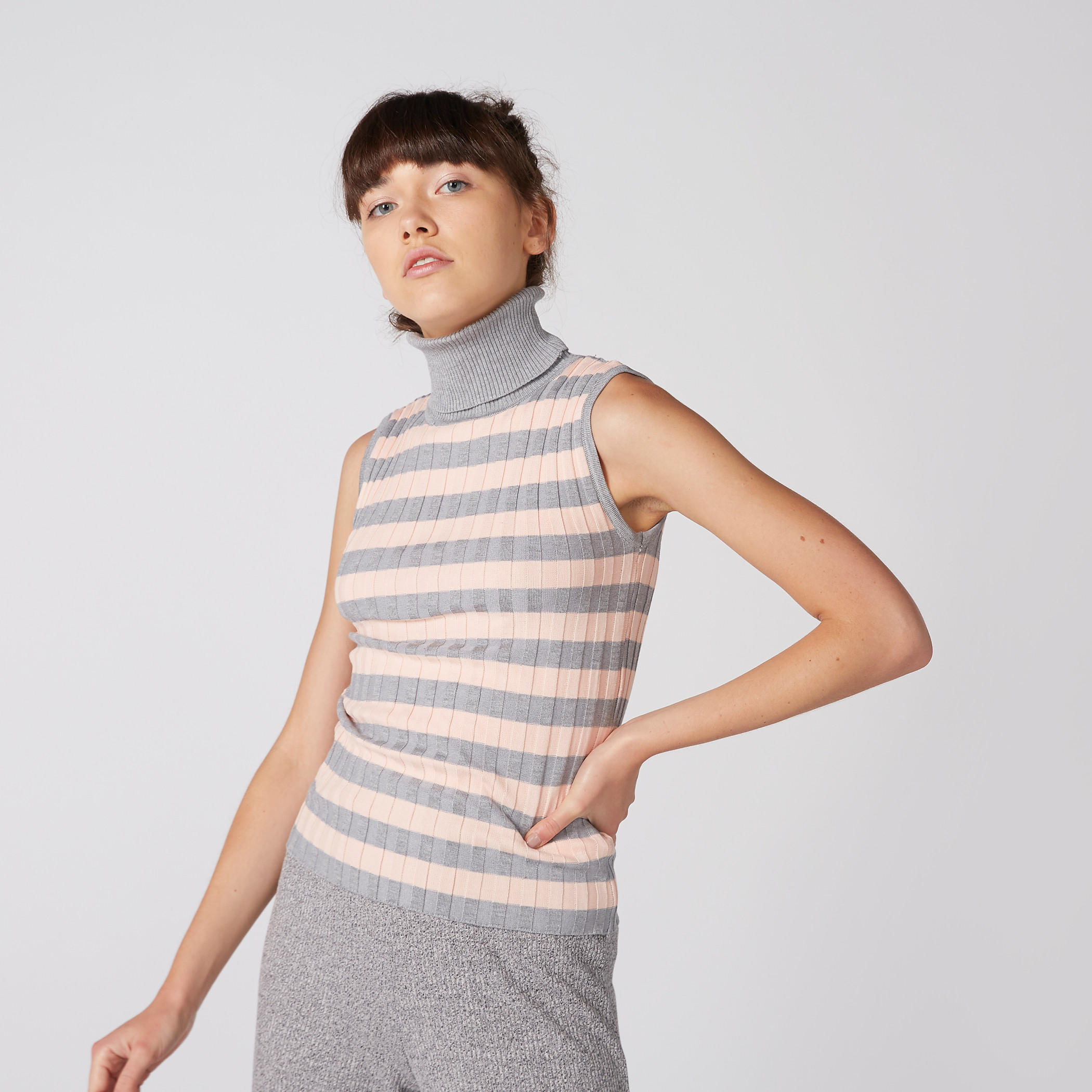 Striped Sleeveless Top with Turtleneck and Ribbed Texture-women-clothing-tshirts-image-1