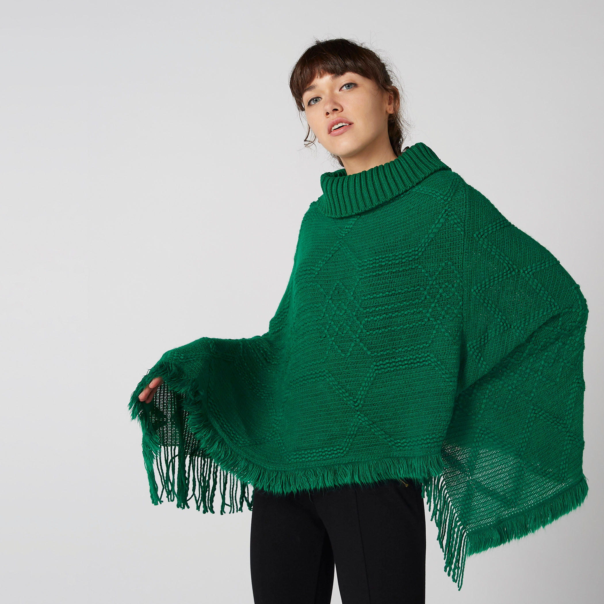 سترة بتصميم بونشو بارزة الملمس وياقة مستديرة ضيّقة وشراشيب-women-winterwear-cardigansandjumpers-cardigans-image-5