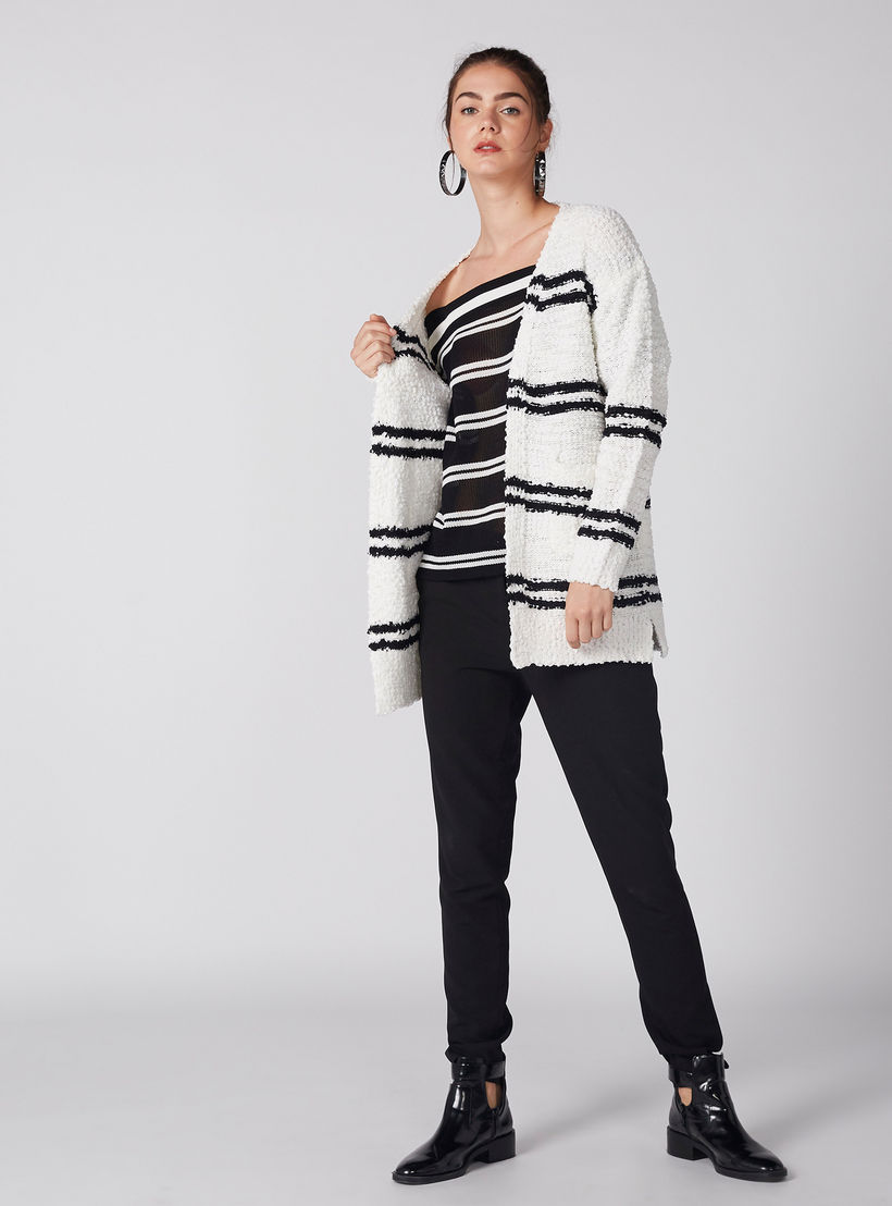 Textured Open Front Cardigan with Long Sleeves and Pocket Detail-women-winterwear-cardigansandjumpers-cardigans-image-1