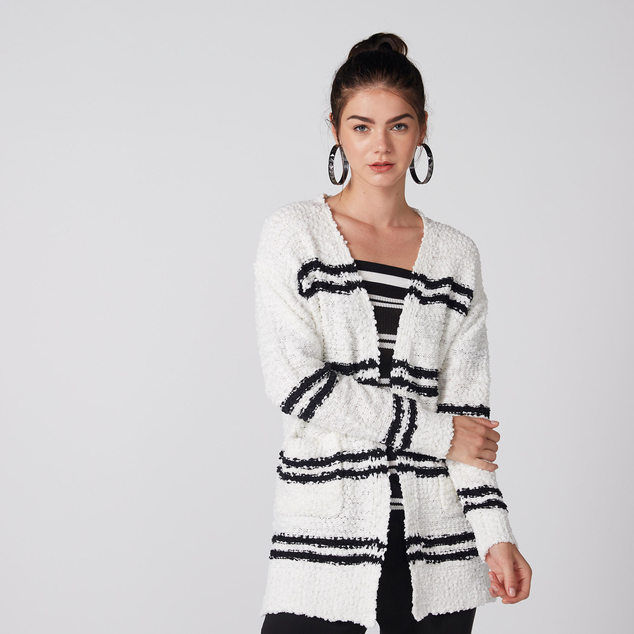 Textured Open Front Cardigan with Long Sleeves and Pocket Detail-women-winterwear-cardigansandjumpers-cardigans-image-3