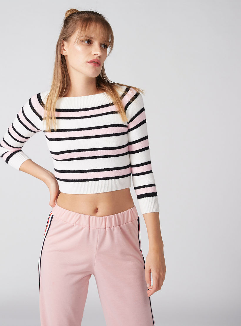 بلوزة قصيرة مقلّمة بياقة مستديرة وأكمام 3/4-women-clothing-tshirts-image-1