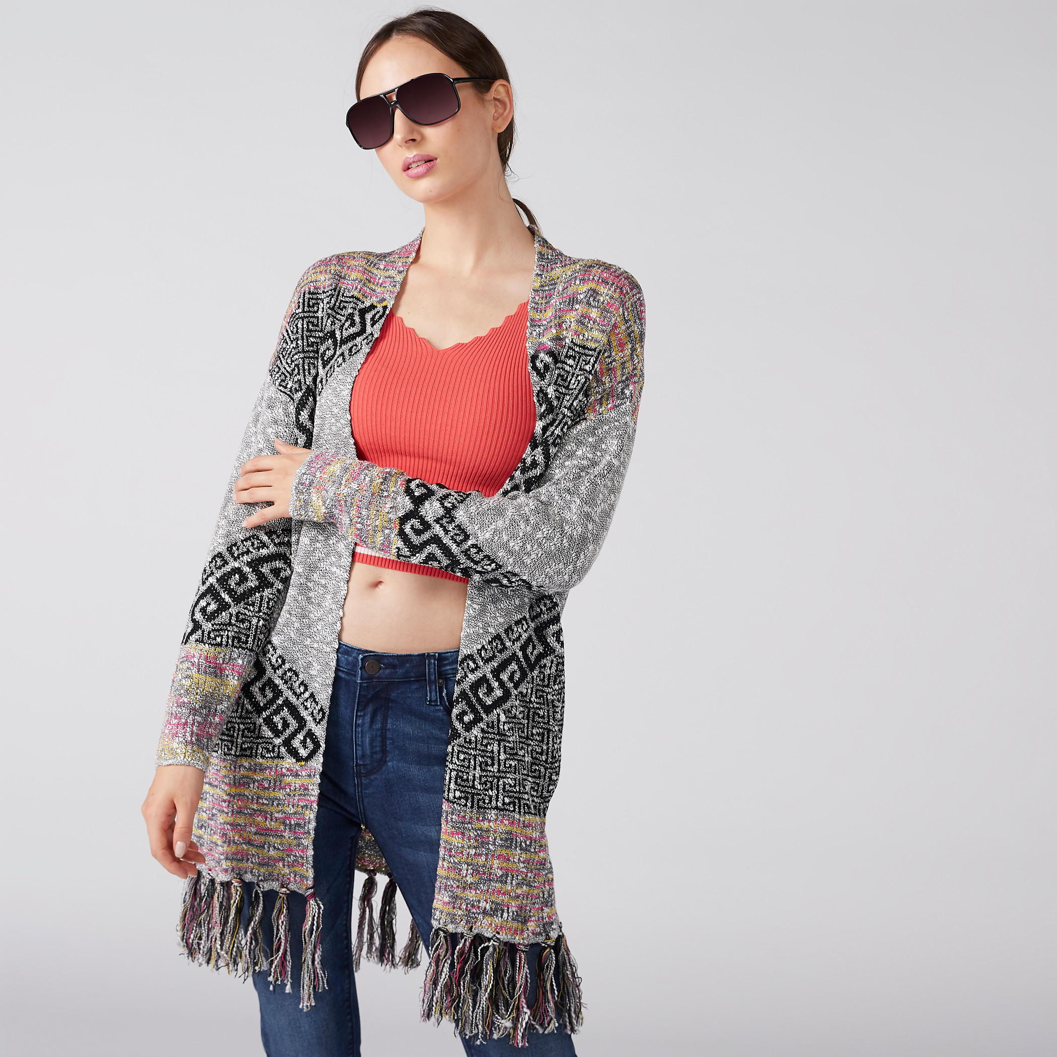 سترة مفتوحة من الأمام بارزة الملمس بأكمام طويلة وشراشيب-women-winterwear-hoodiesandsweatshirts-sweatshirts-image-1
