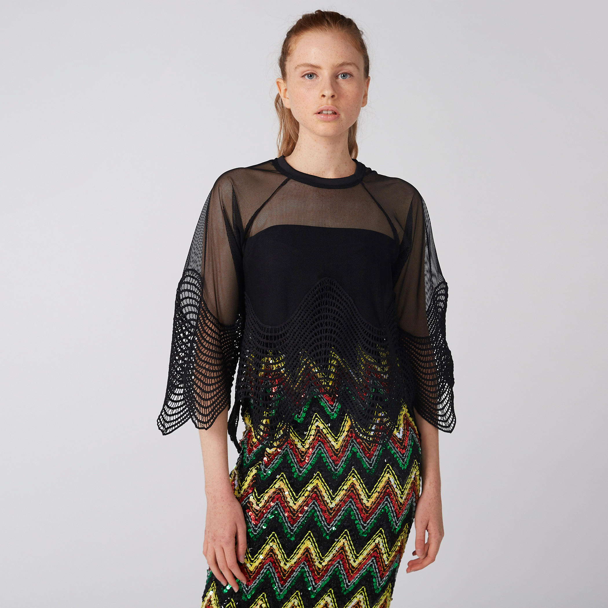 بلوزة بياقة مستديرة وأكمام دانتيل واسعة ومشبك إغلاق ناعم-women-clothing-shirtsandblouses-blouses-image-2