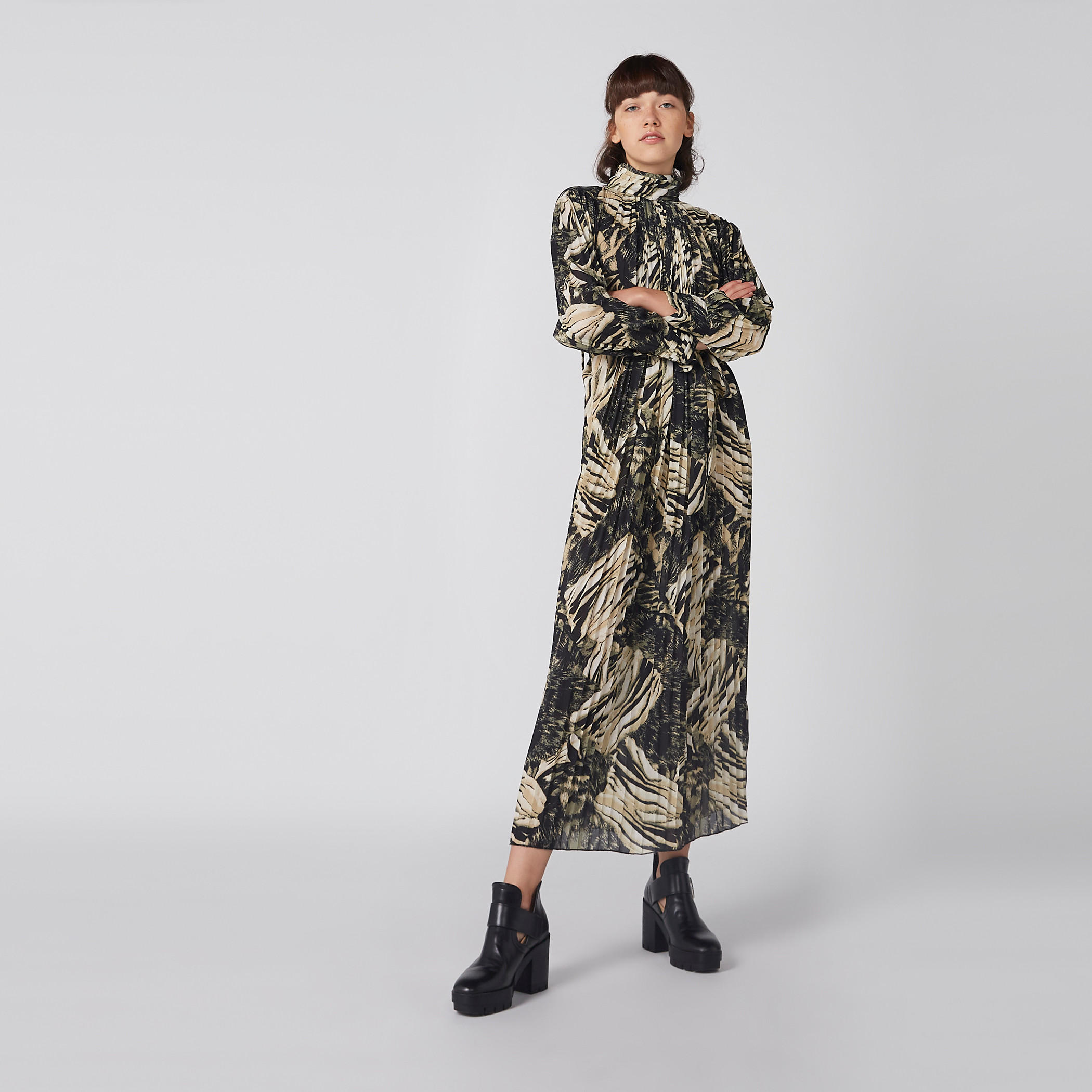 فستان بطيّات وطبعات وأكمام طويلة وأربطة-women-clothing-dresses-image-1