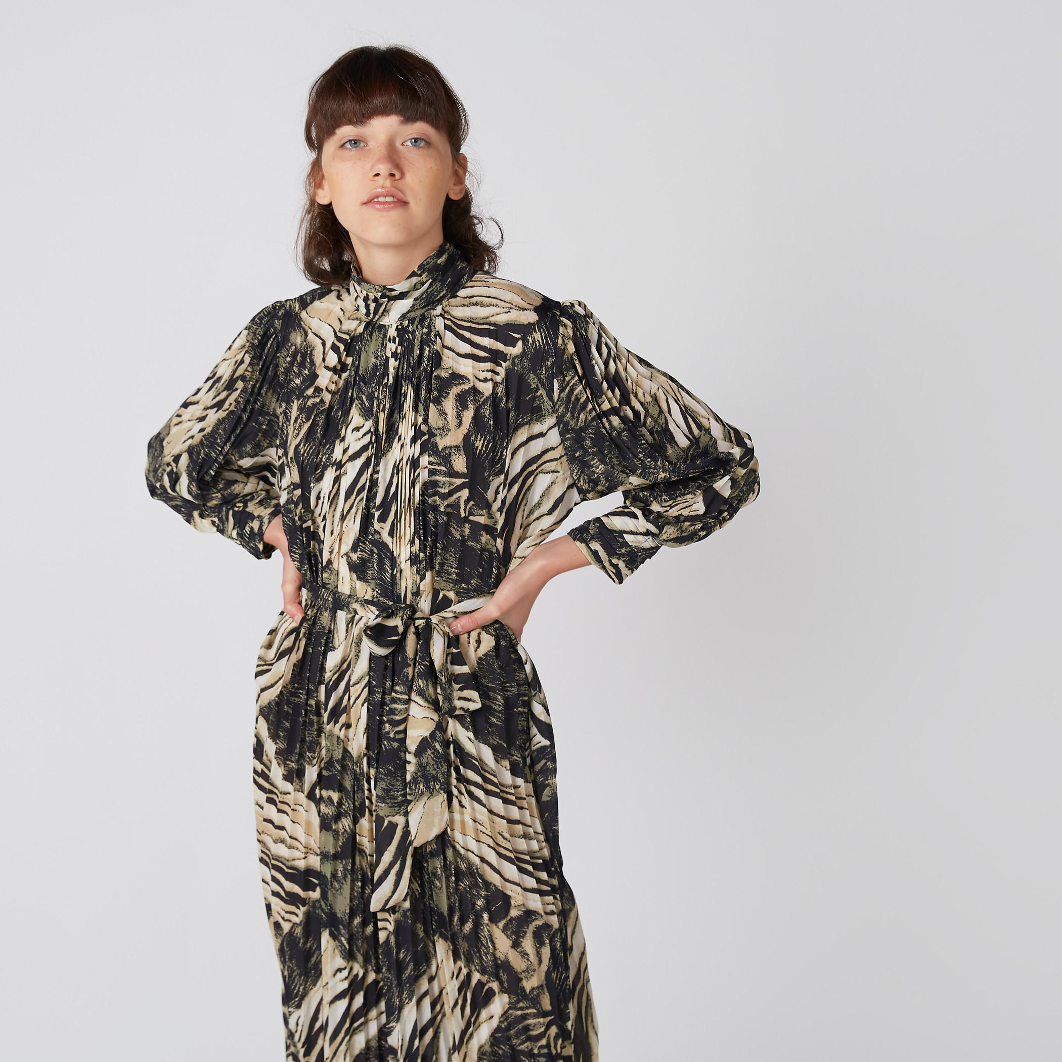 فستان بطيّات وطبعات وأكمام طويلة وأربطة-women-clothing-dresses-image-4