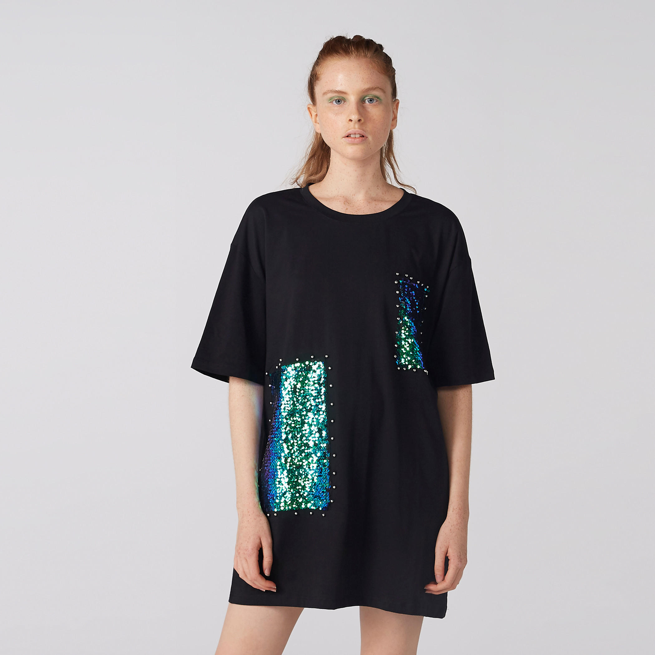 Sequin Detail Oversized T-Shirt with Short Sleeves-women-clothing-tshirts-image-3