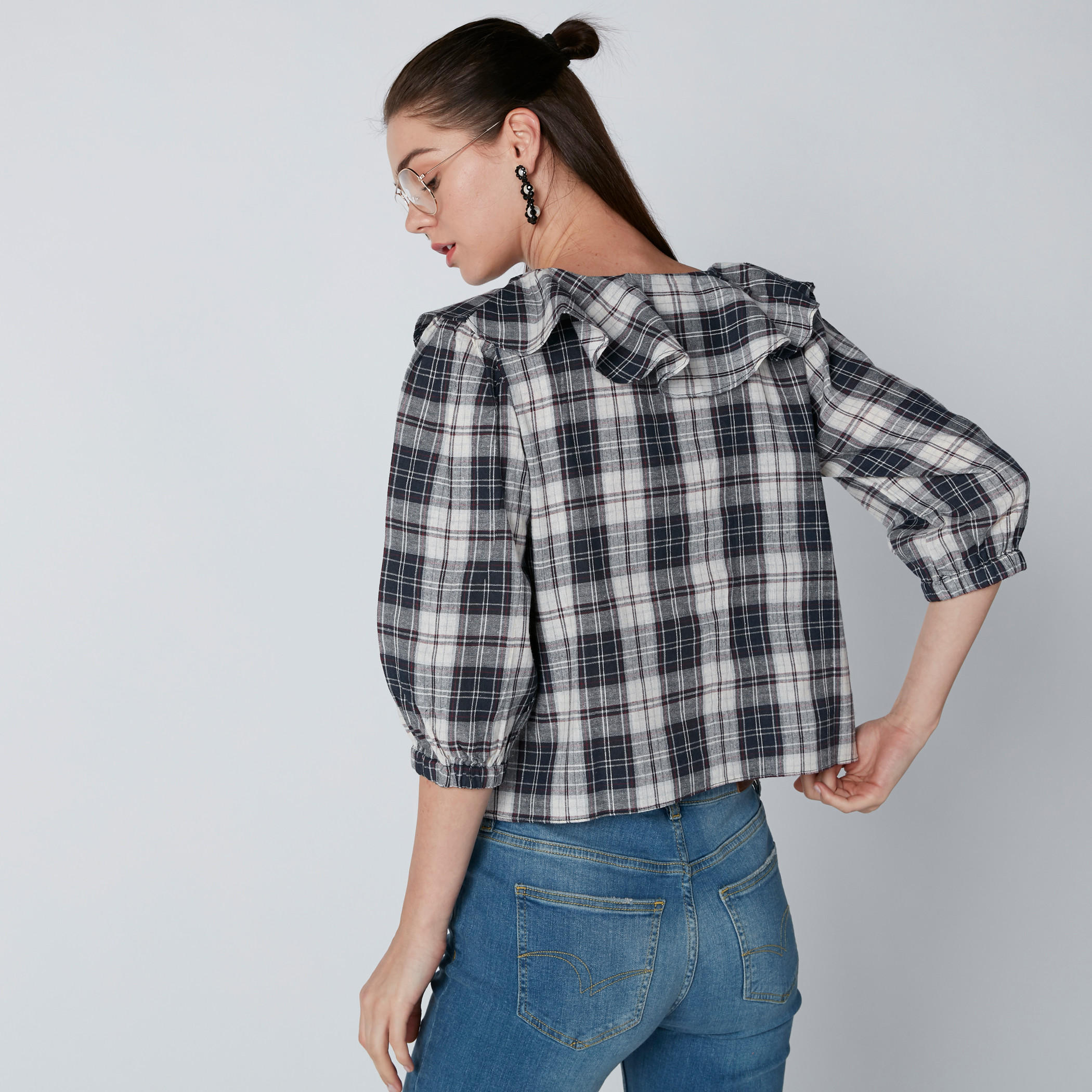 قميص كاروهات بياقة v وأكمام 3/4-women-clothing-shirtsandblouses-shirts-image-4