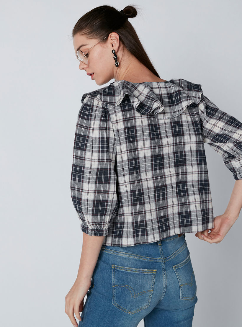 قميص كاروهات بياقة v وأكمام 3/4-women-clothing-shirtsandblouses-shirts-image-4
