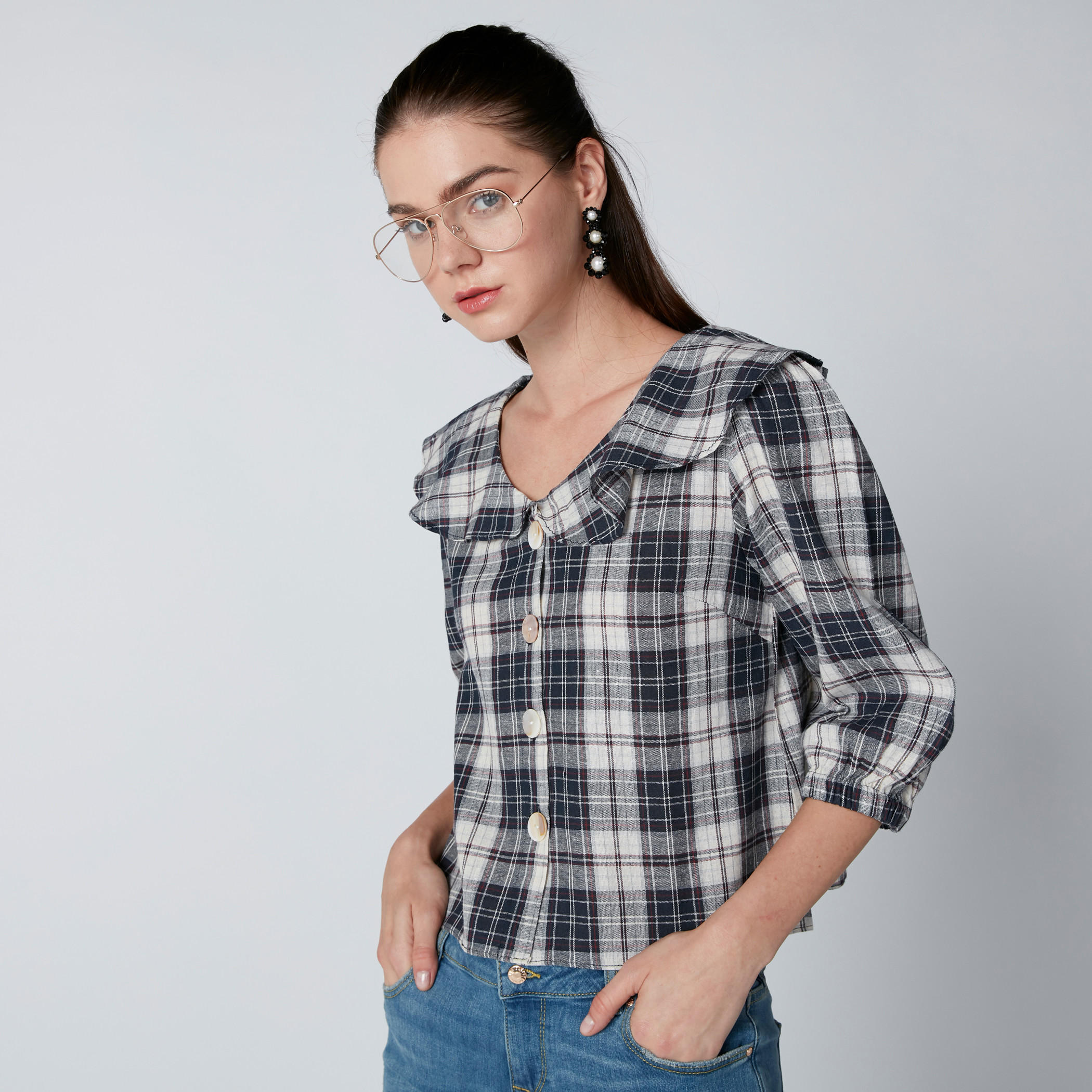 قميص كاروهات بياقة v وأكمام 3/4-women-clothing-shirtsandblouses-shirts-image-3