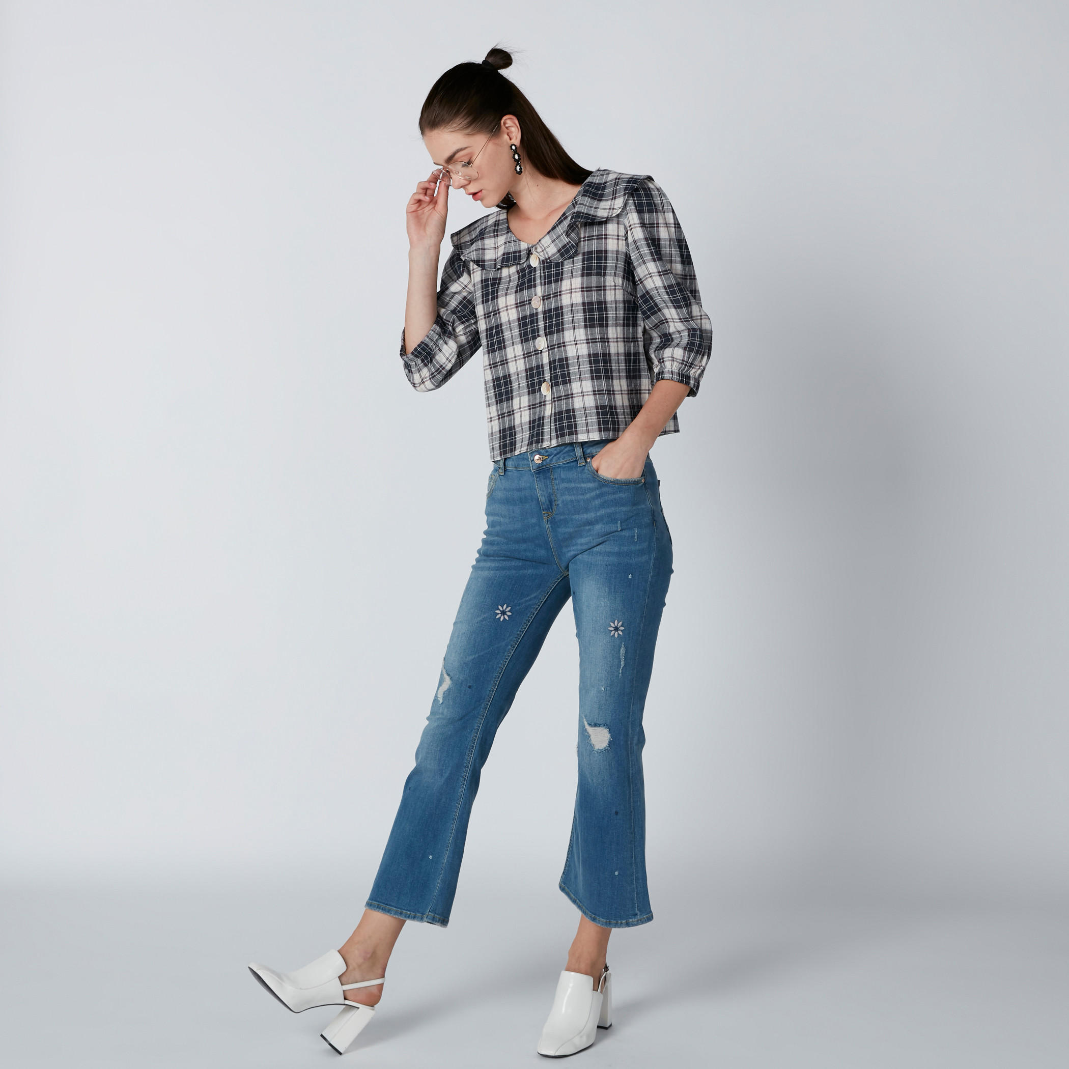 قميص كاروهات بياقة v وأكمام 3/4-women-clothing-shirtsandblouses-shirts-image-2
