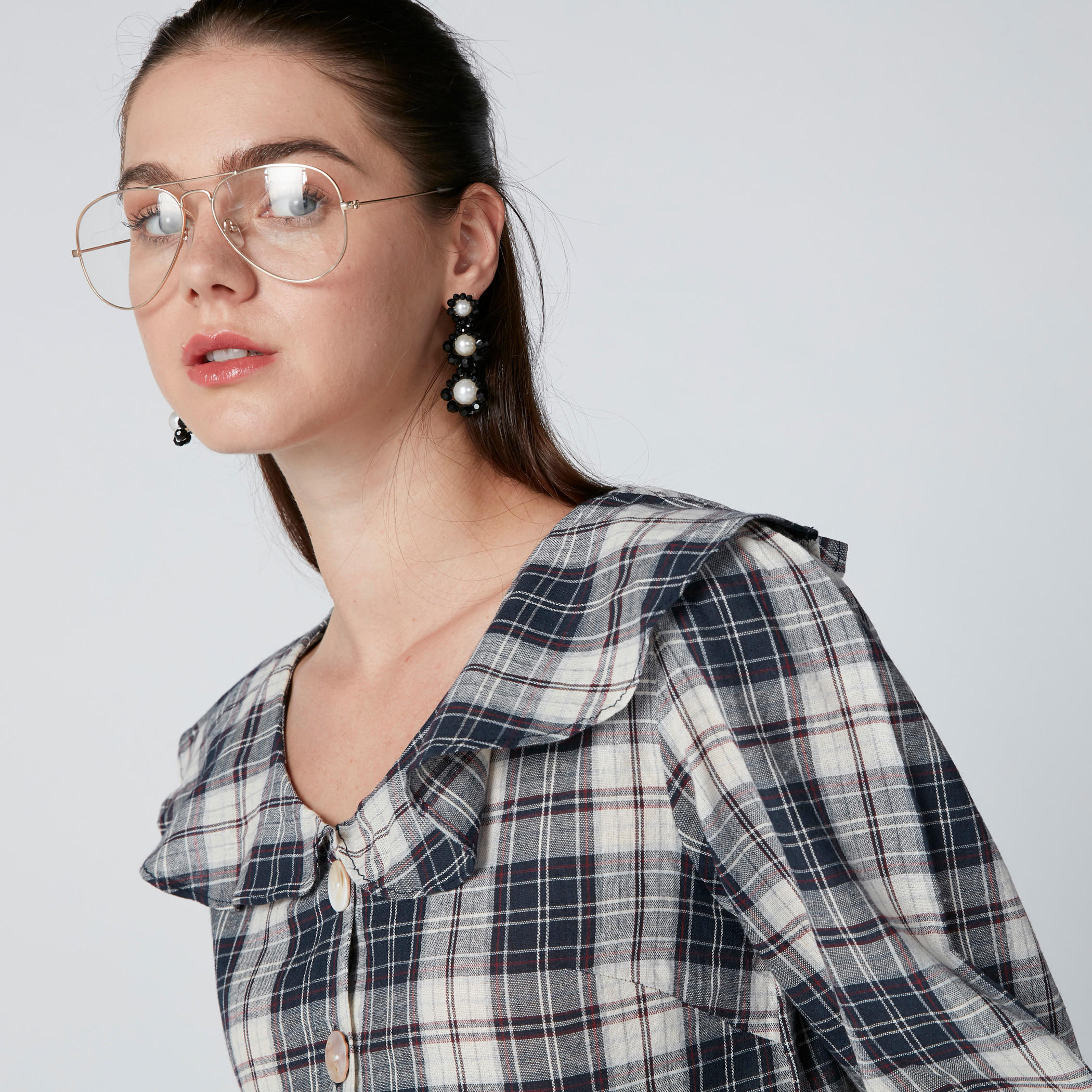 قميص كاروهات بياقة v وأكمام 3/4-women-clothing-shirtsandblouses-shirts-image-1