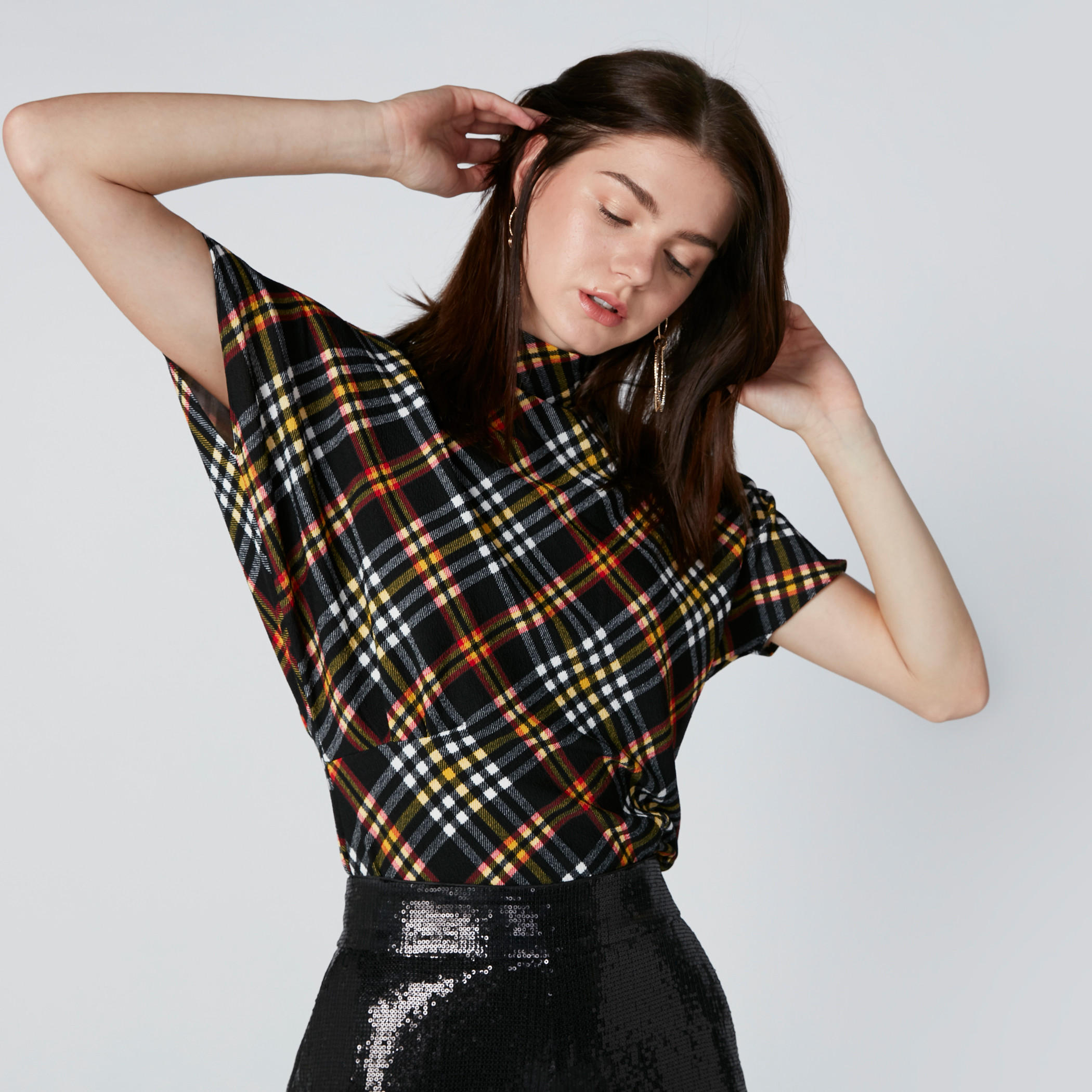 Chequered Top with High Neck and Extended Sleeves-women-clothing-shirtsandblouses-blouses-image-1