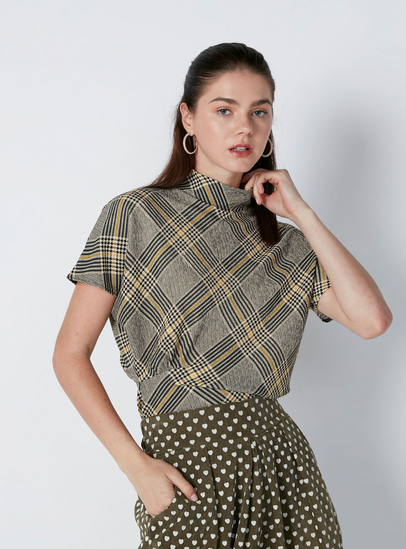 توب كاروهات برقبة عالية وسحّاب إغلاق-women-clothing-tshirts-image-2