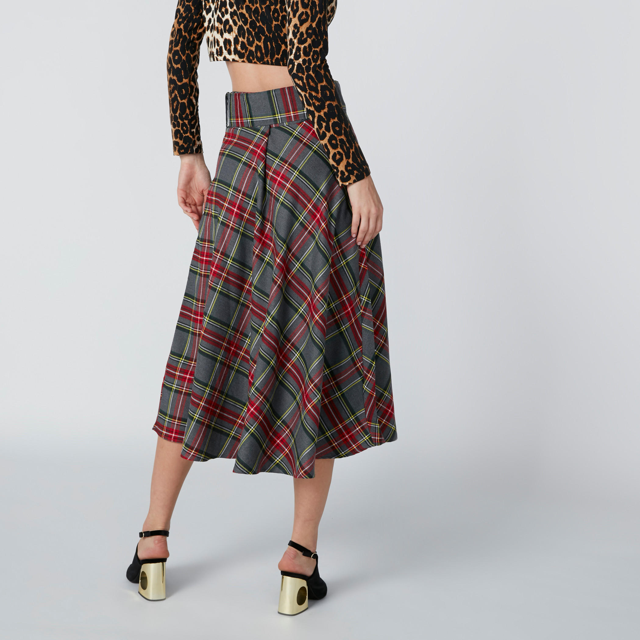 تنورة كاروهات متوسطة الطول بحزام-women-clothing-bottoms-skirts-image-2