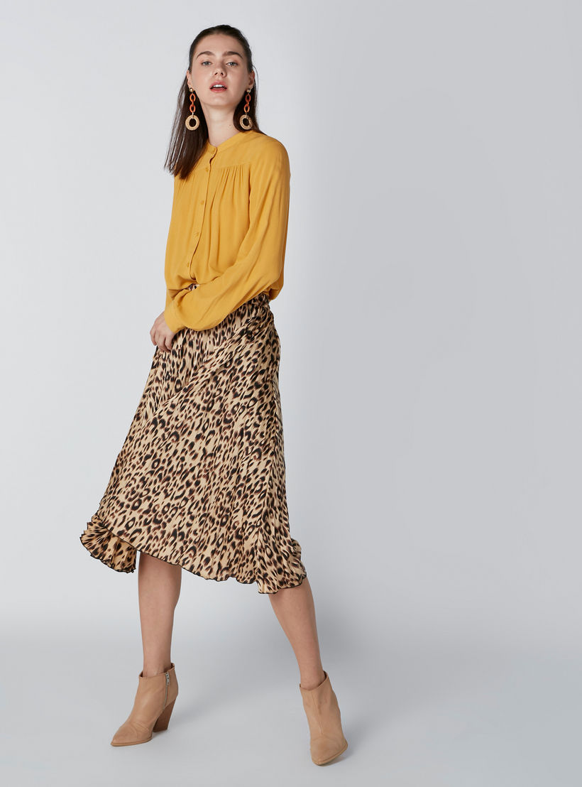 Pleated A-Line Midi Skirt with Animal Prints and Elasticised Waistband-women-clothing-bottoms-skirts-image-1