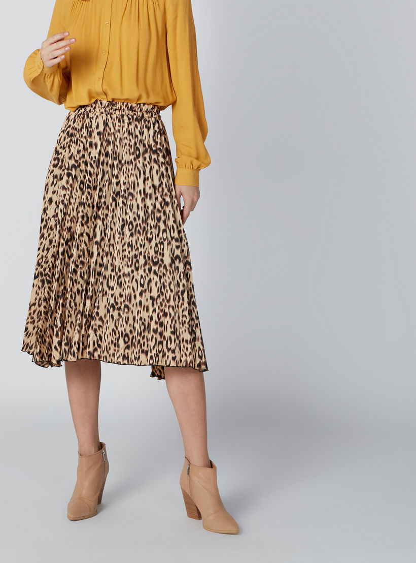Pleated A-Line Midi Skirt with Animal Prints and Elasticised Waistband-women-clothing-bottoms-skirts-image-3