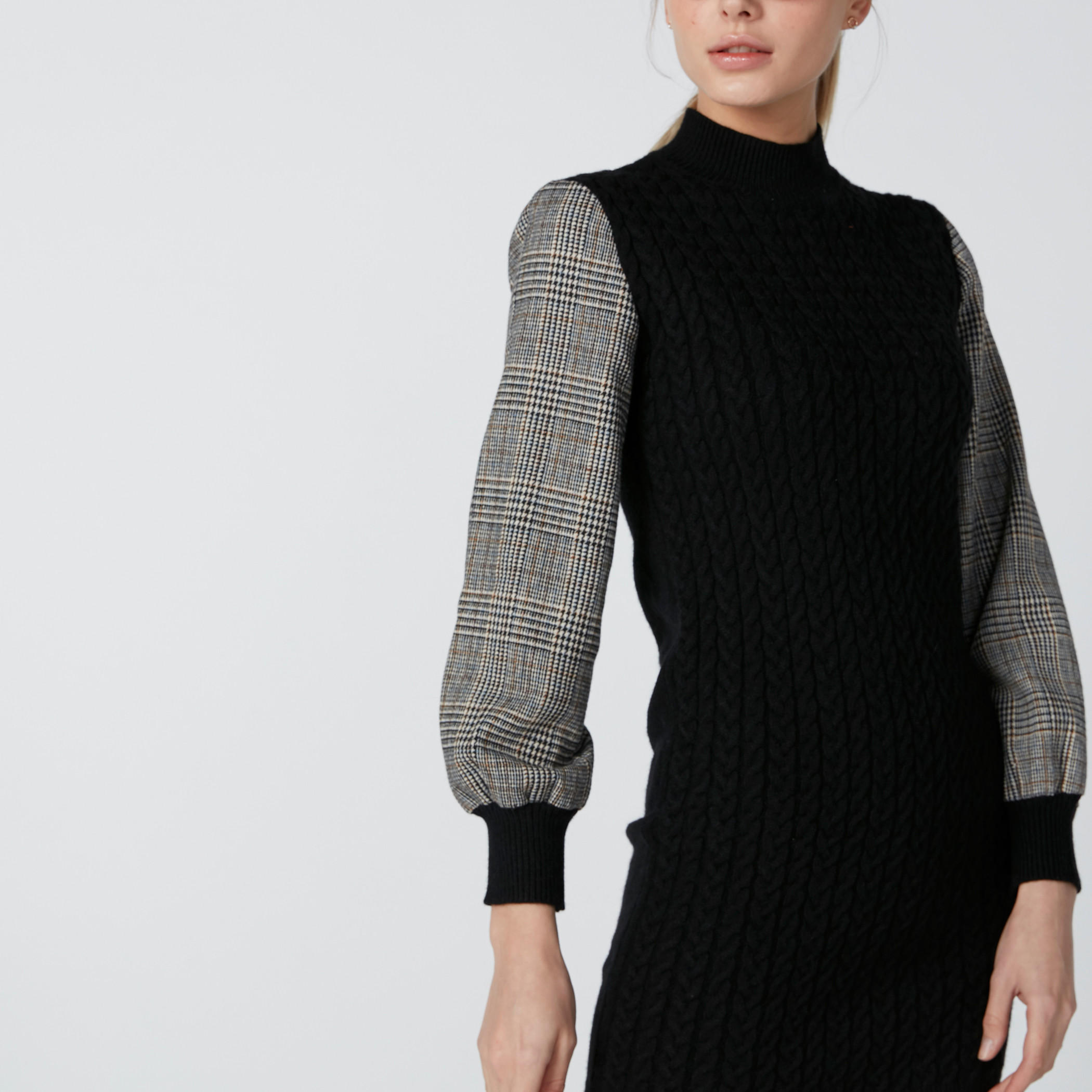فستان قصير بياقة عالية وأكمام طويلة كاروهات-women-clothing-dresses-image-5