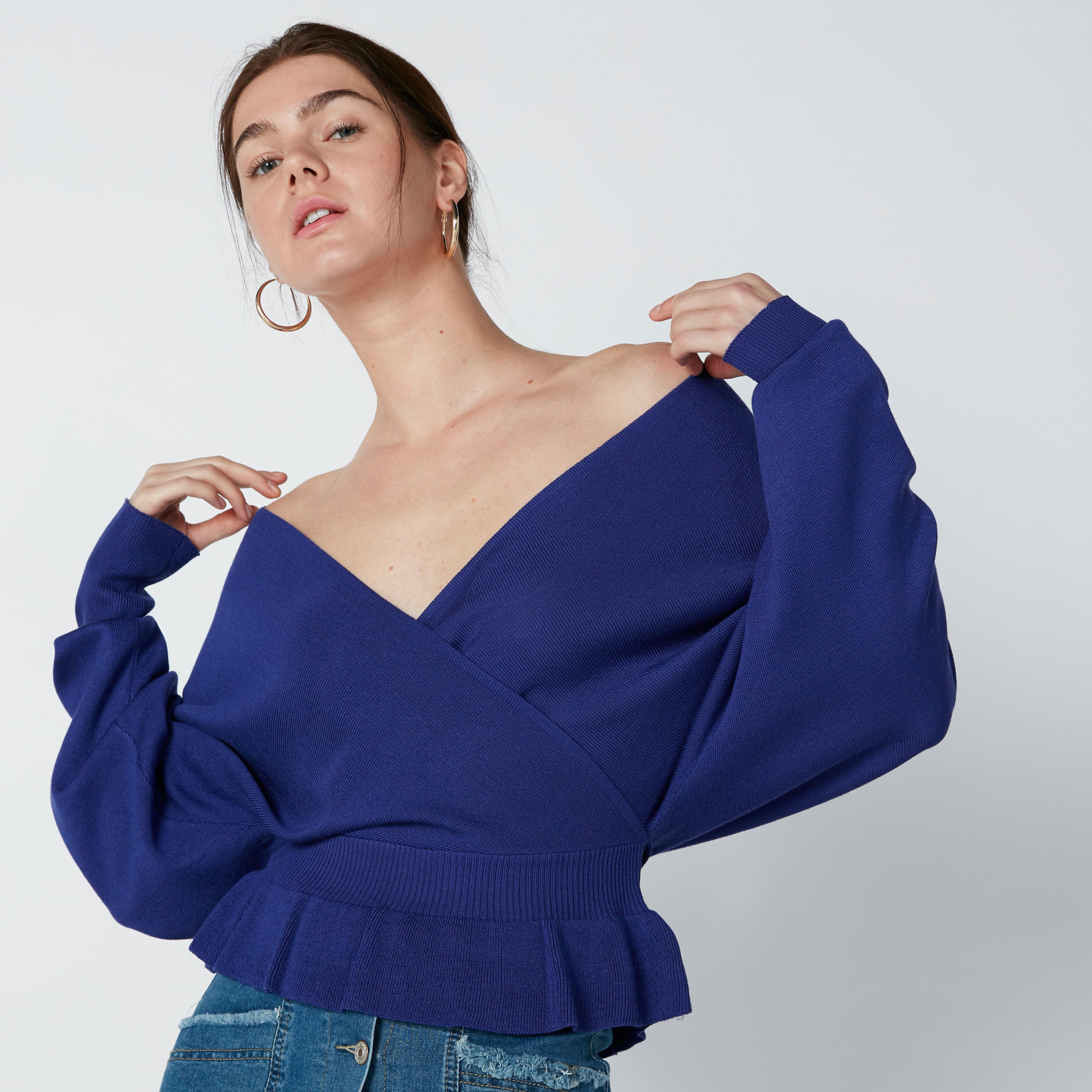 Textured Peplum Top with V-Neck and Long Sleeves-women-clothing-cardigansandjumpers-jumpers-image-1